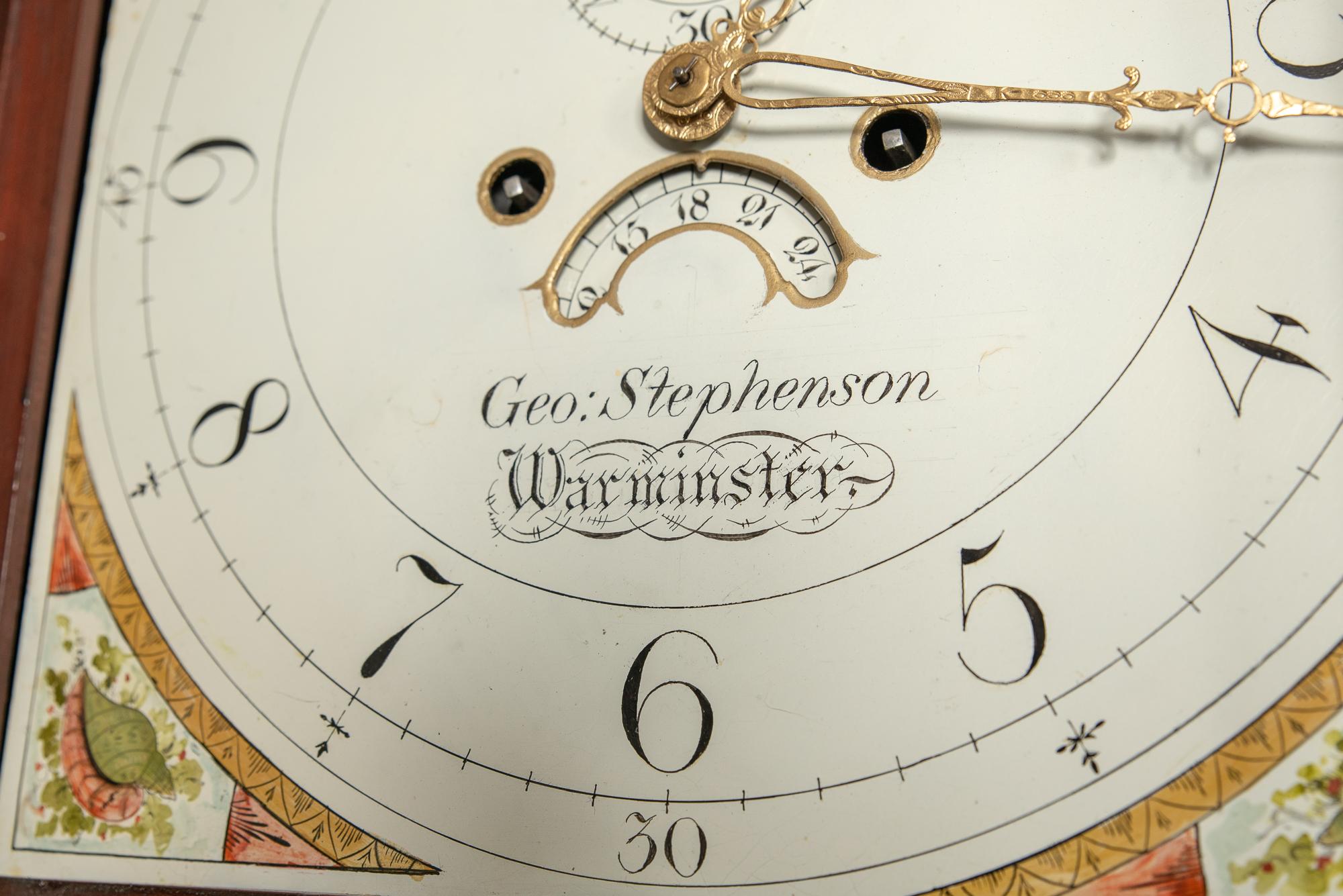 English Pretty Moon Phase Mahogany Clock by George Stephenson of Warminster England