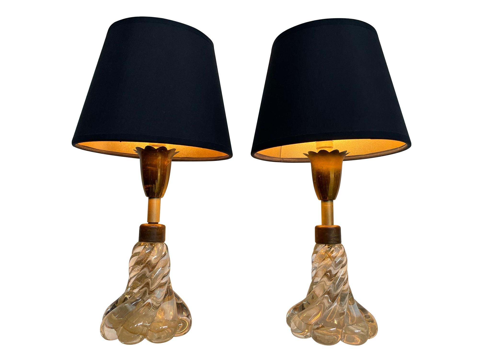 Brass Pretty Pair of 1950s Barovier & Toso Lamps with Murano Twisted Glass Base