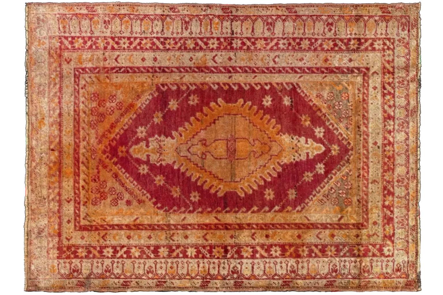 Turco Un grazioso tappeto per tacchini rosso e arancione - Oushak Design in vendita