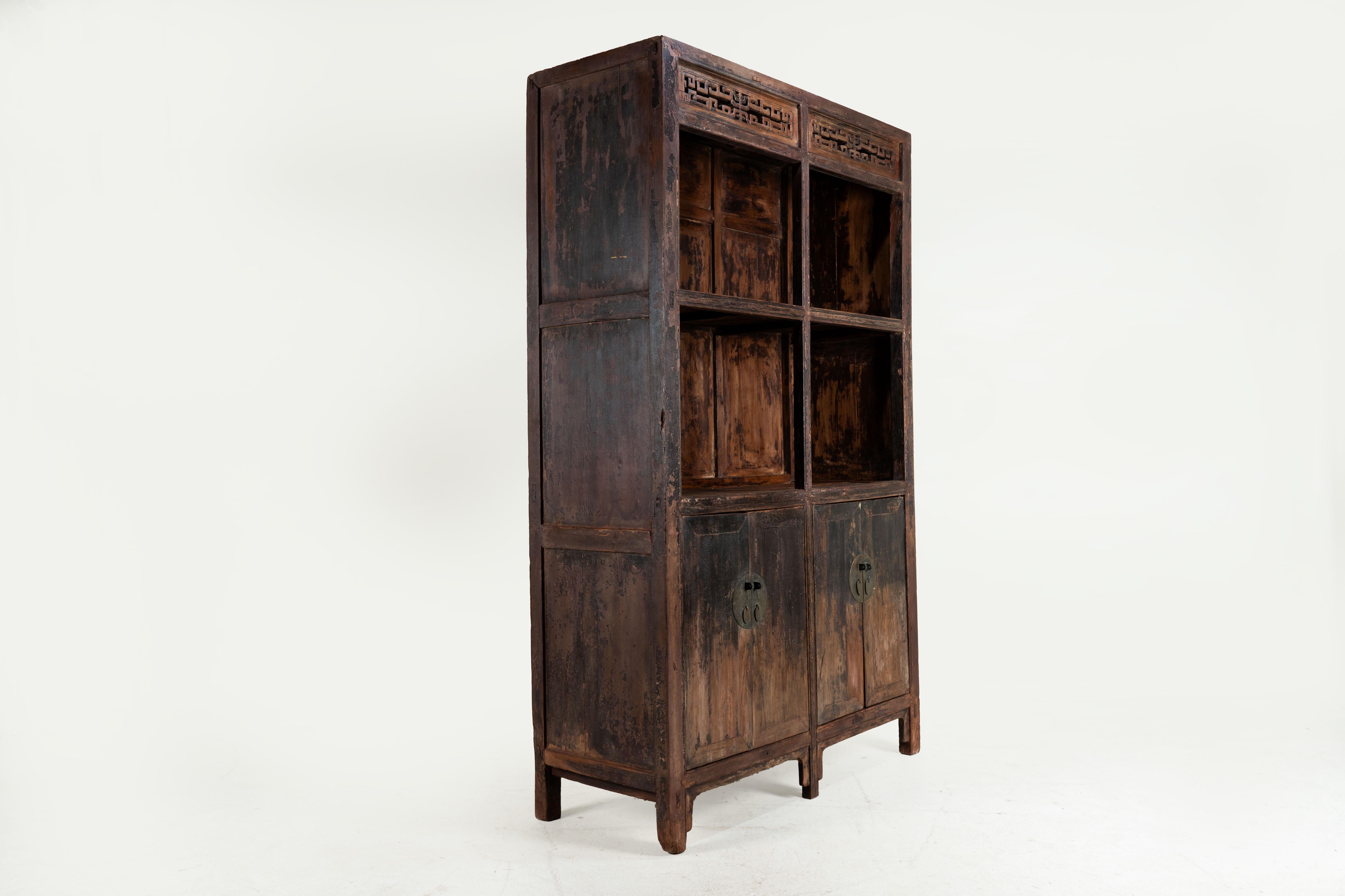 A Primitive Chinese Elm Bookcase with Open Shelving In Good Condition For Sale In Chicago, IL
