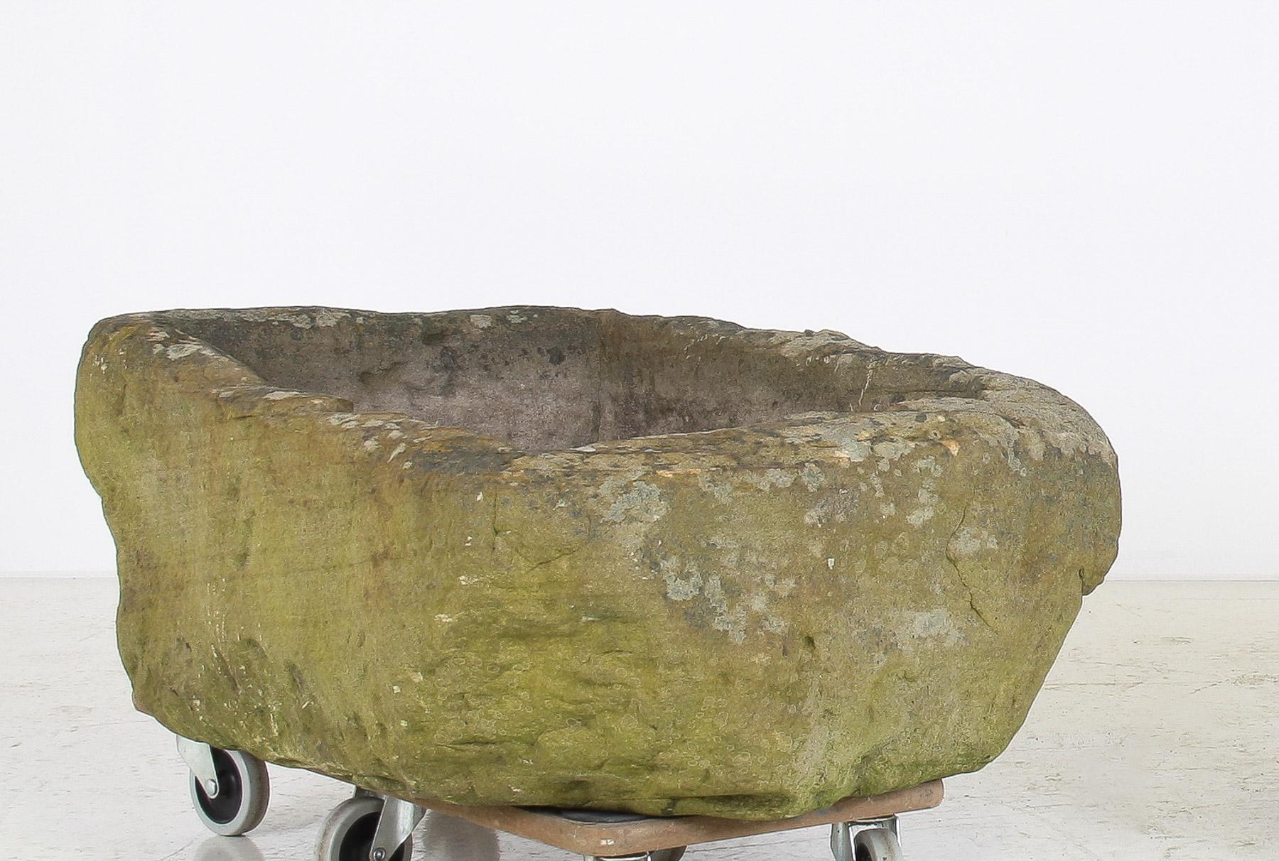 A Primitive Pair of Stone Trough Garden Planters with Weathered Patina For Sale 4