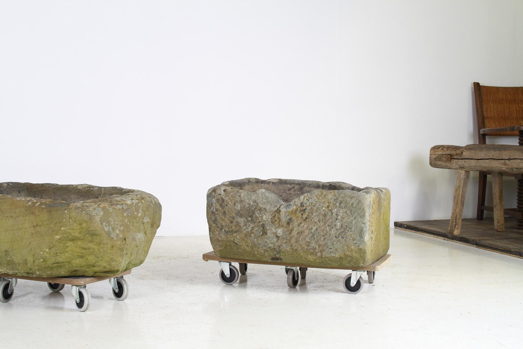 A Primitive Pair of Stone Trough Garden Planters with Weathered Patina For Sale 5