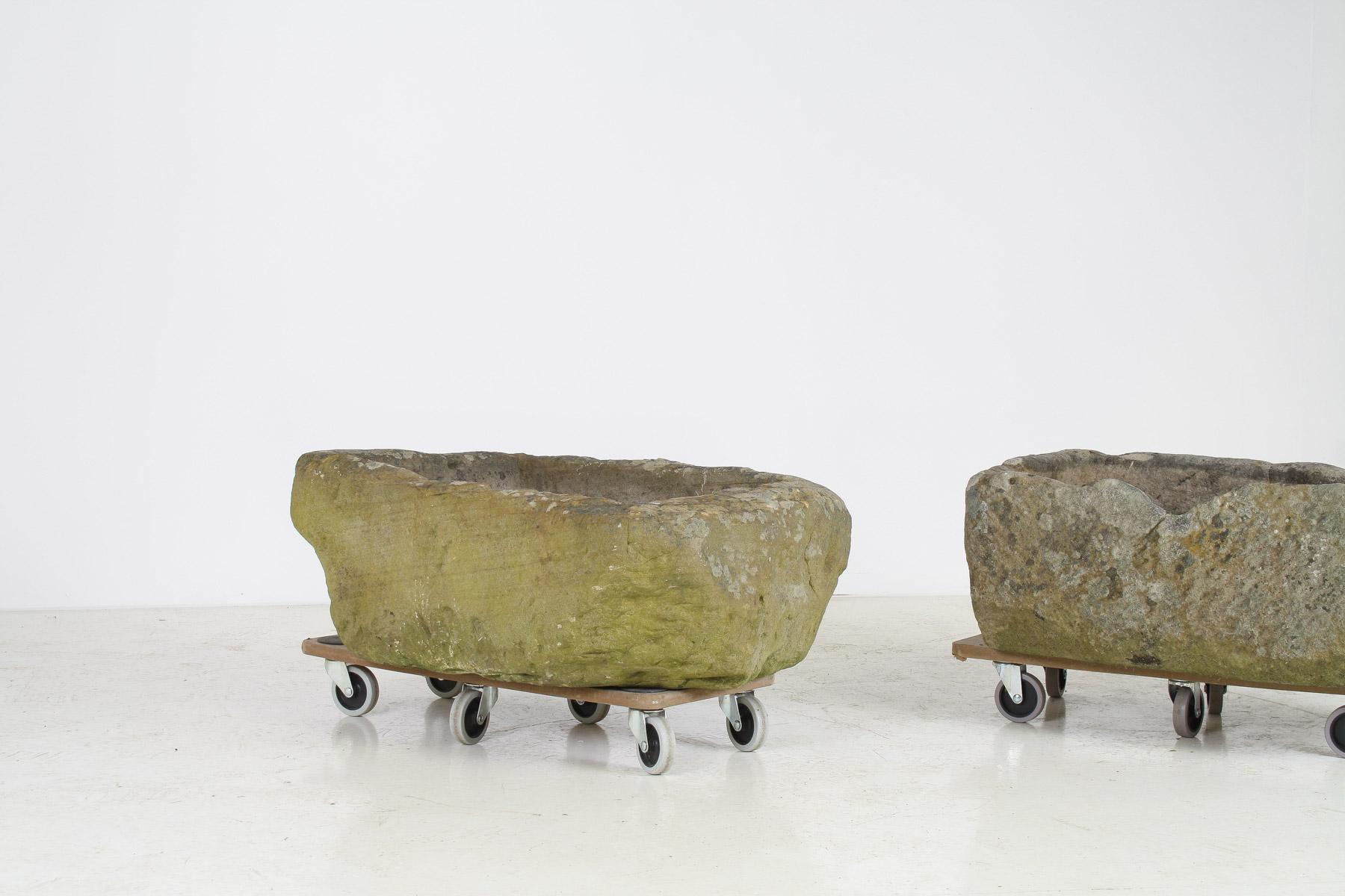 A Primitive Pair of Stone Trough Garden Planters with Weathered Patina For Sale 6