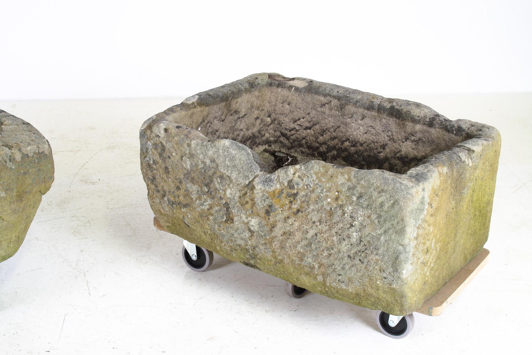 A Primitive Pair of Stone Trough Garden Planters with Weathered Patina For Sale 7