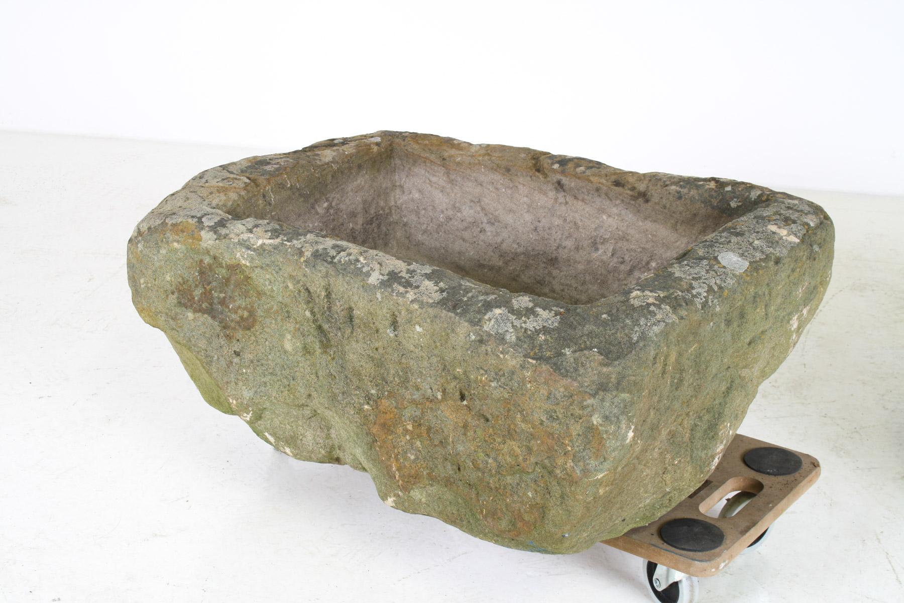 A Primitive Pair of Stone Trough Garden Planters with Weathered Patina For Sale 8
