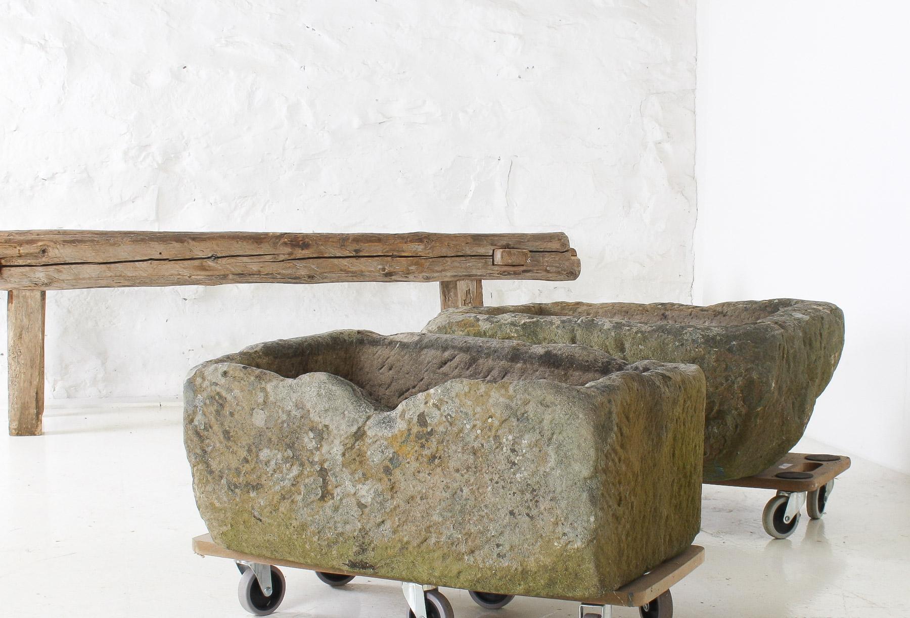 A Primitive Pair of Stone Trough Garden Planters with Weathered Patina For Sale 9