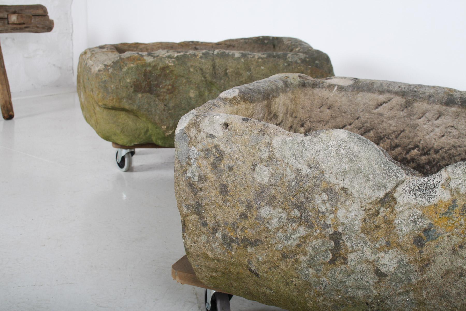 A Primitive Pair of Stone Trough Garden Planters with Weathered Patina For Sale 10