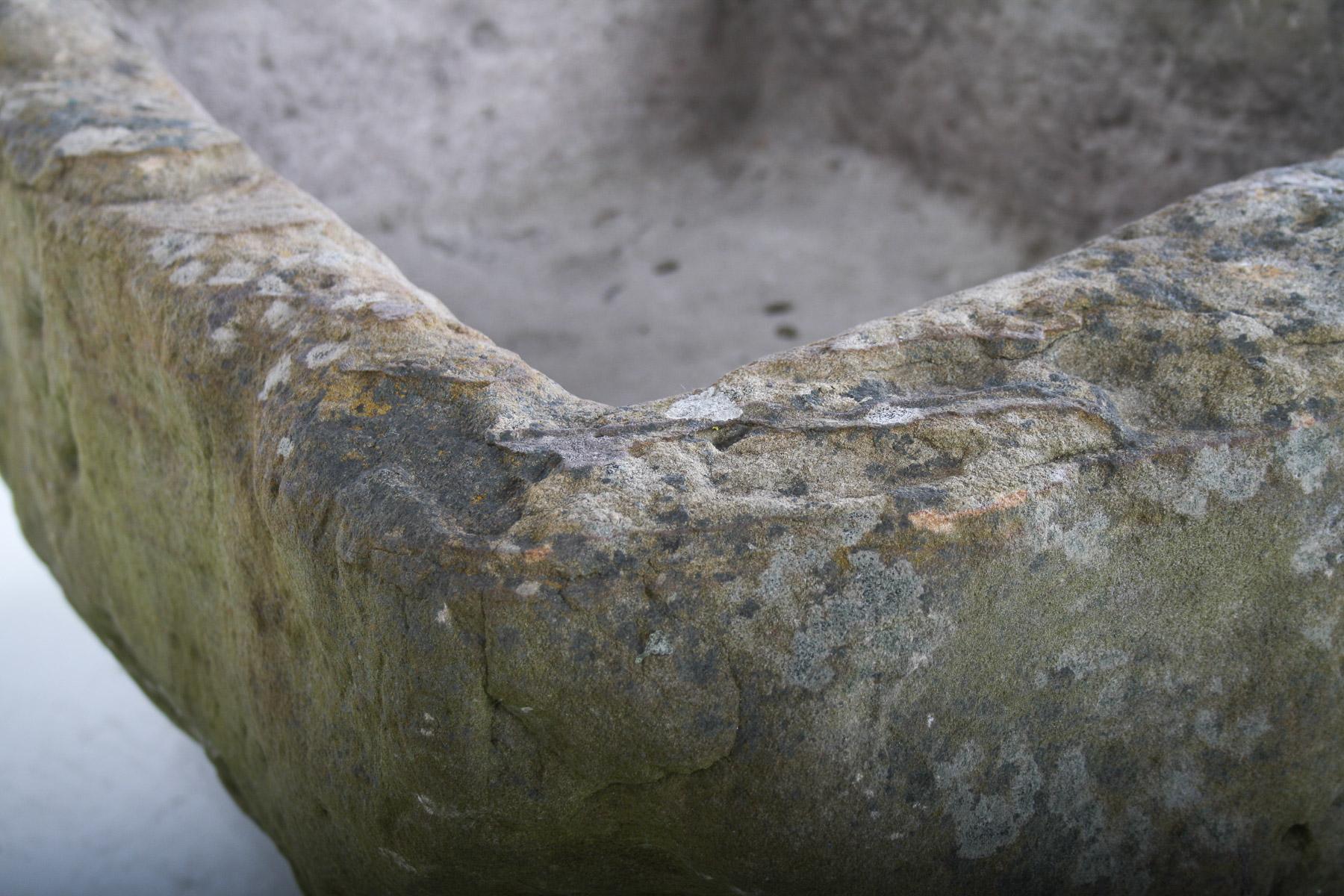A Primitive Pair of Stone Trough Garden Planters with Weathered Patina For Sale 11