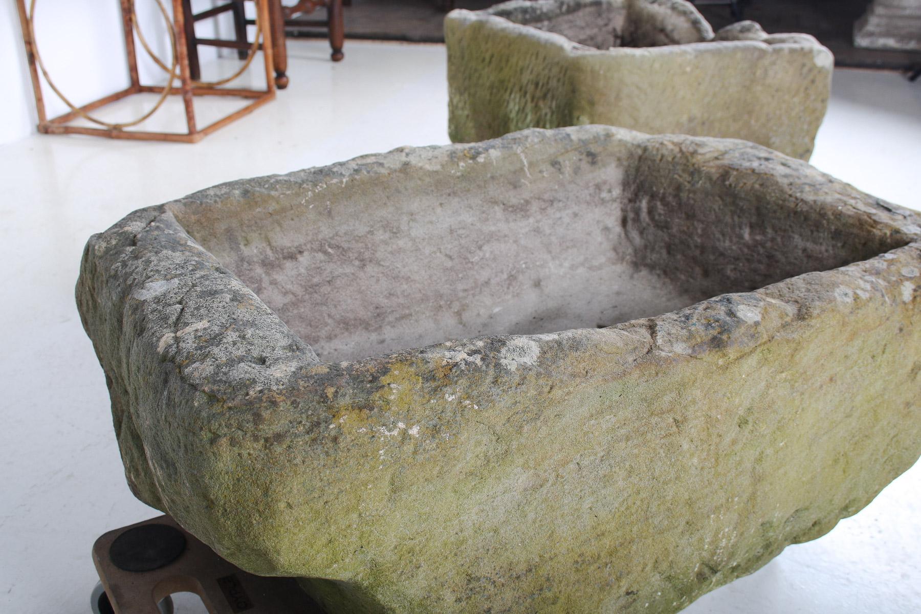 A Primitive Pair of Stone Trough Garden Planters with Weathered Patina For Sale 12