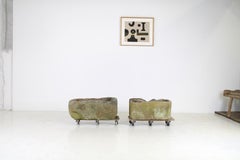 A Primitive Pair of Stone Trough Garden Planters with Weathered Patina