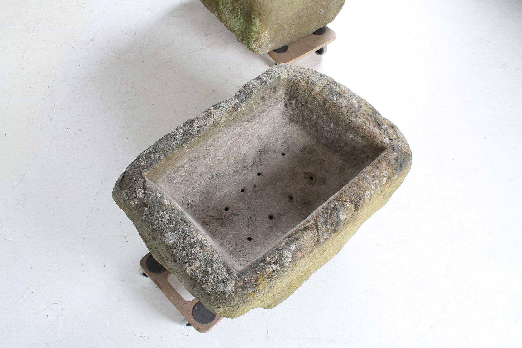 A Primitive Pair of Stone Trough Garden Planters with Weathered Patina For Sale 14