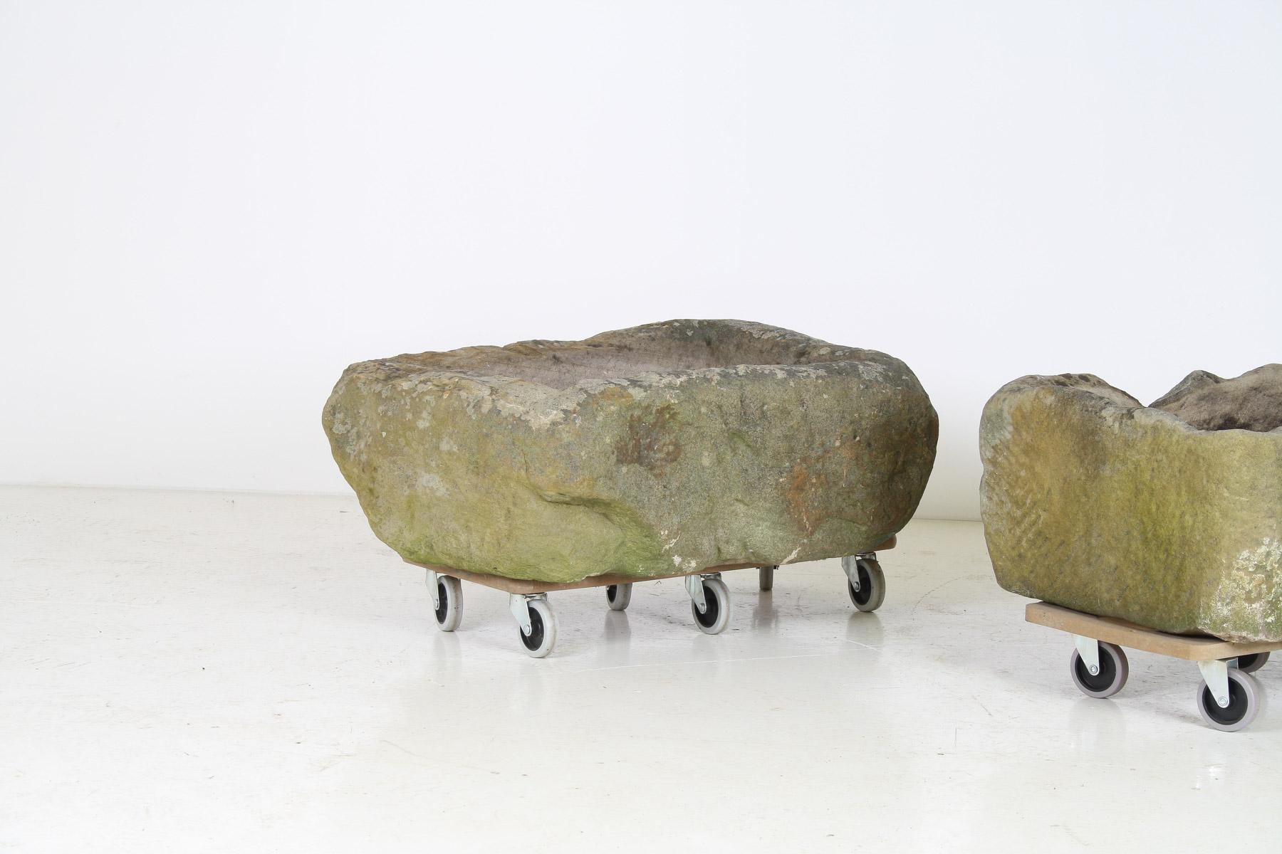 English A Primitive Pair of Stone Trough Garden Planters with Weathered Patina For Sale