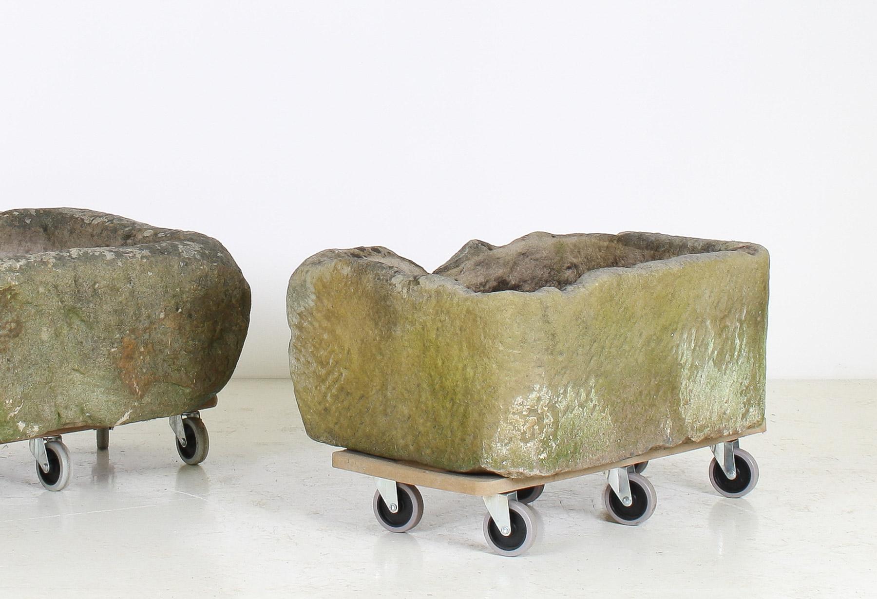 Carved A Primitive Pair of Stone Trough Garden Planters with Weathered Patina For Sale