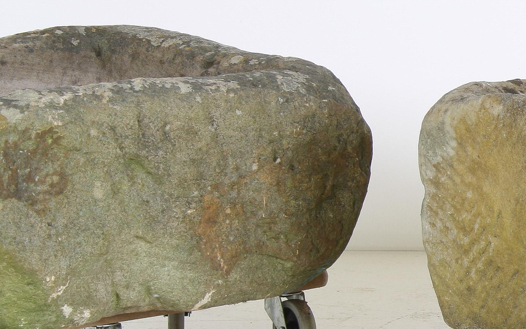 19th Century A Primitive Pair of Stone Trough Garden Planters with Weathered Patina For Sale