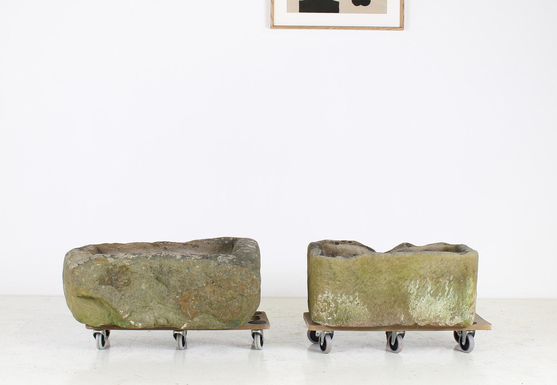 A Primitive Pair of Stone Trough Garden Planters with Weathered Patina For Sale 2
