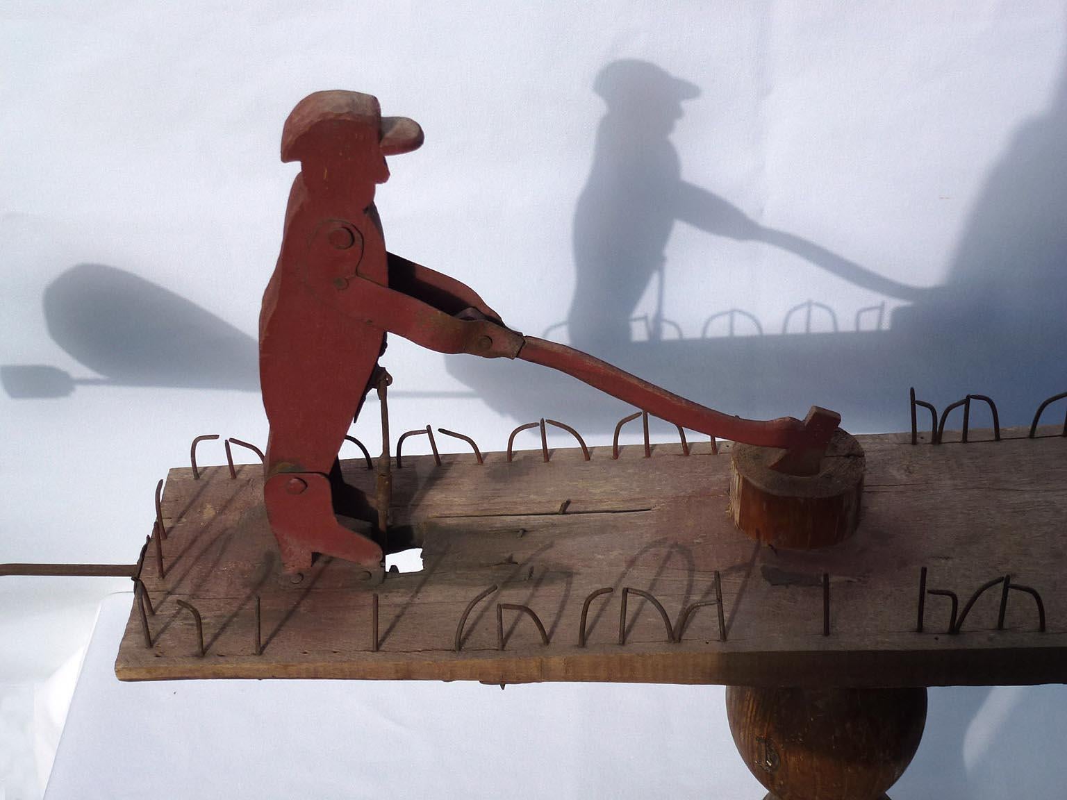 Primitive Whirligig with a Man Chopping Wood and a Woman Scrubbing Laundry For Sale 3