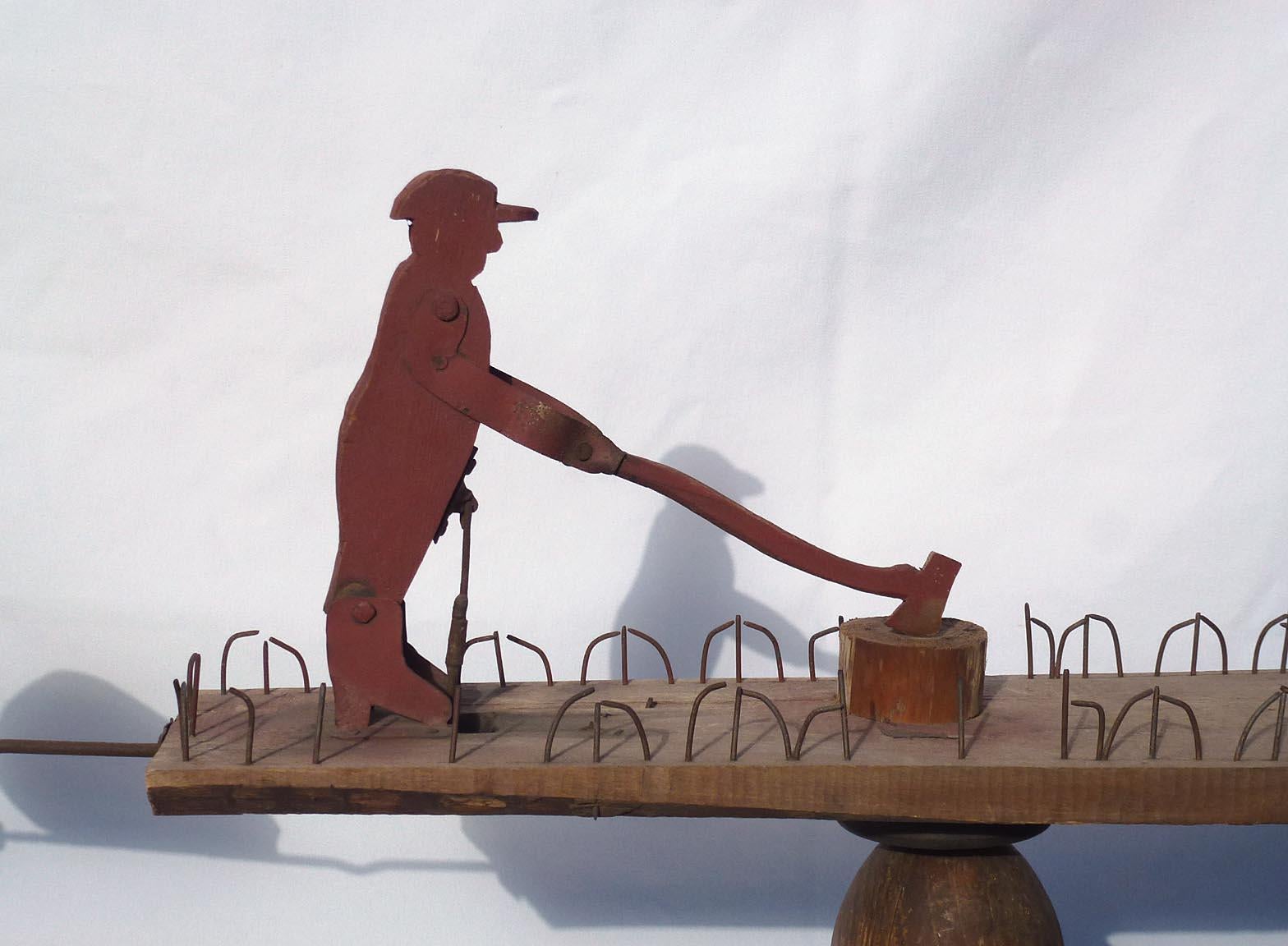 Primitive Whirligig with a Man Chopping Wood and a Woman Scrubbing Laundry For Sale 1