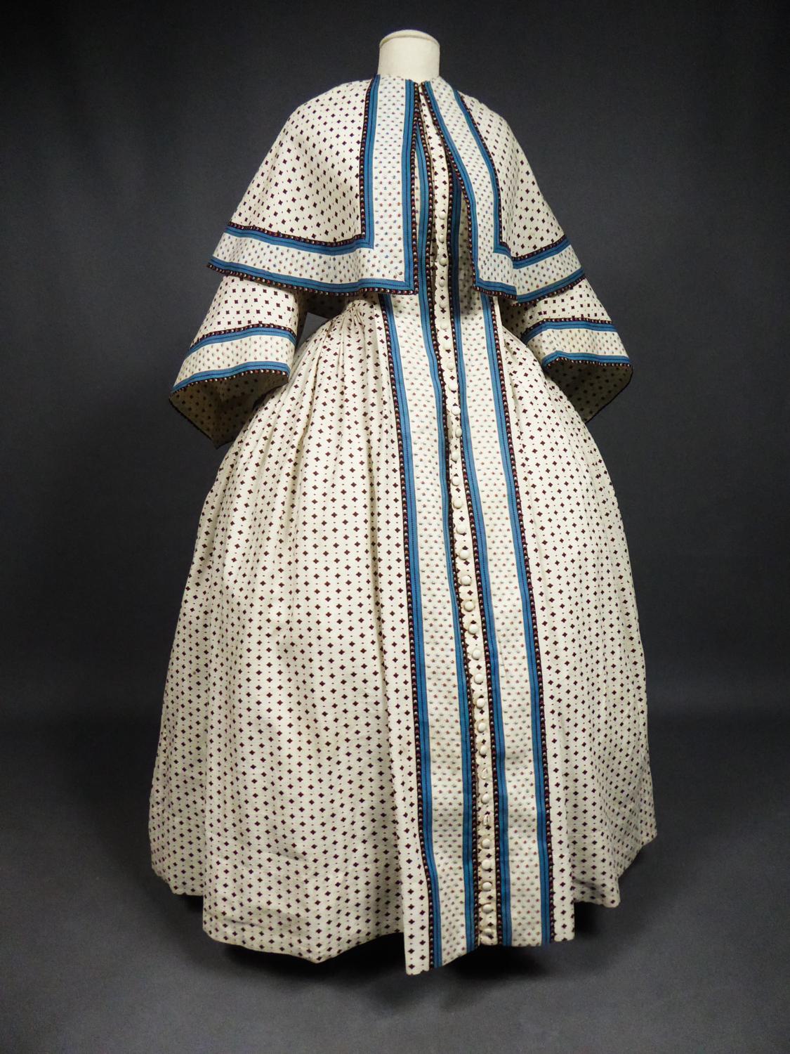 A Printed Cotton Crinoline Day Dress - France Napoleon III Period Circa 1865 11