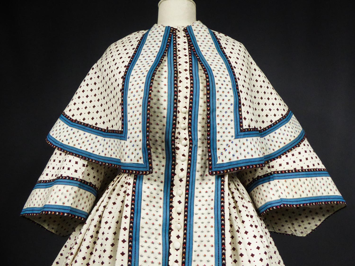 Beige A Printed Cotton Crinoline Day Dress - France Napoleon III Period Circa 1865