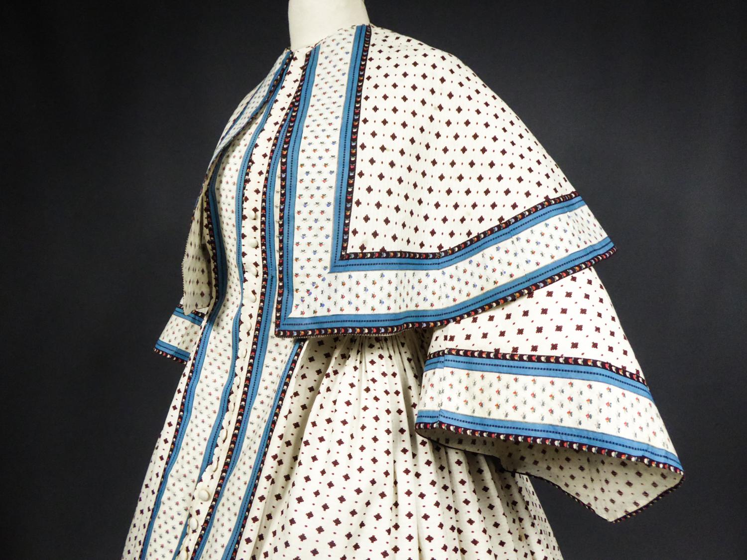 Women's A Printed Cotton Crinoline Day Dress - France Napoleon III Period Circa 1865