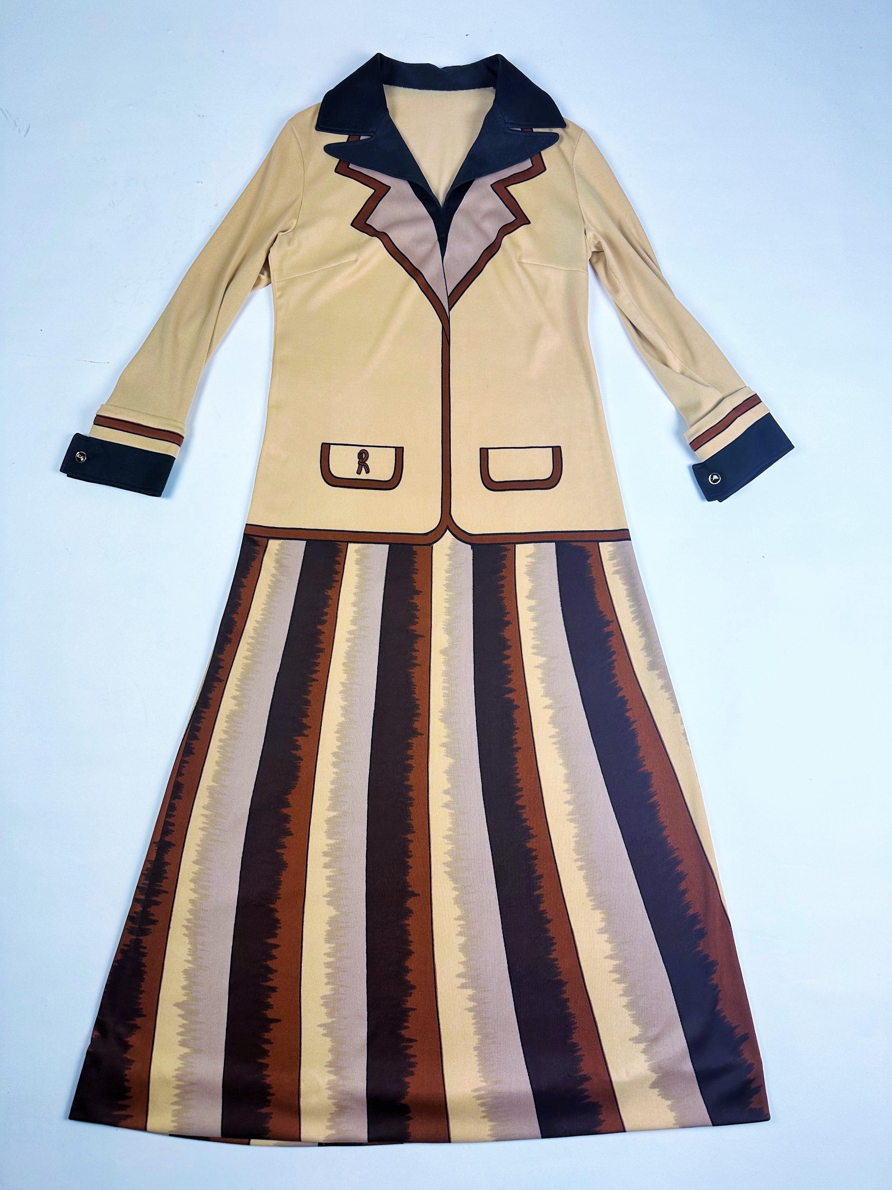 Circa 1975-1980

Italy

Beautiful trompe l'oeil dress by the famous Italian designer Roberta di Camérino. Stretch and fluid straight dress, long sleeves with a V-neckline and folded points. Very fine jersey knit drawing a pleated skirt suit, giving