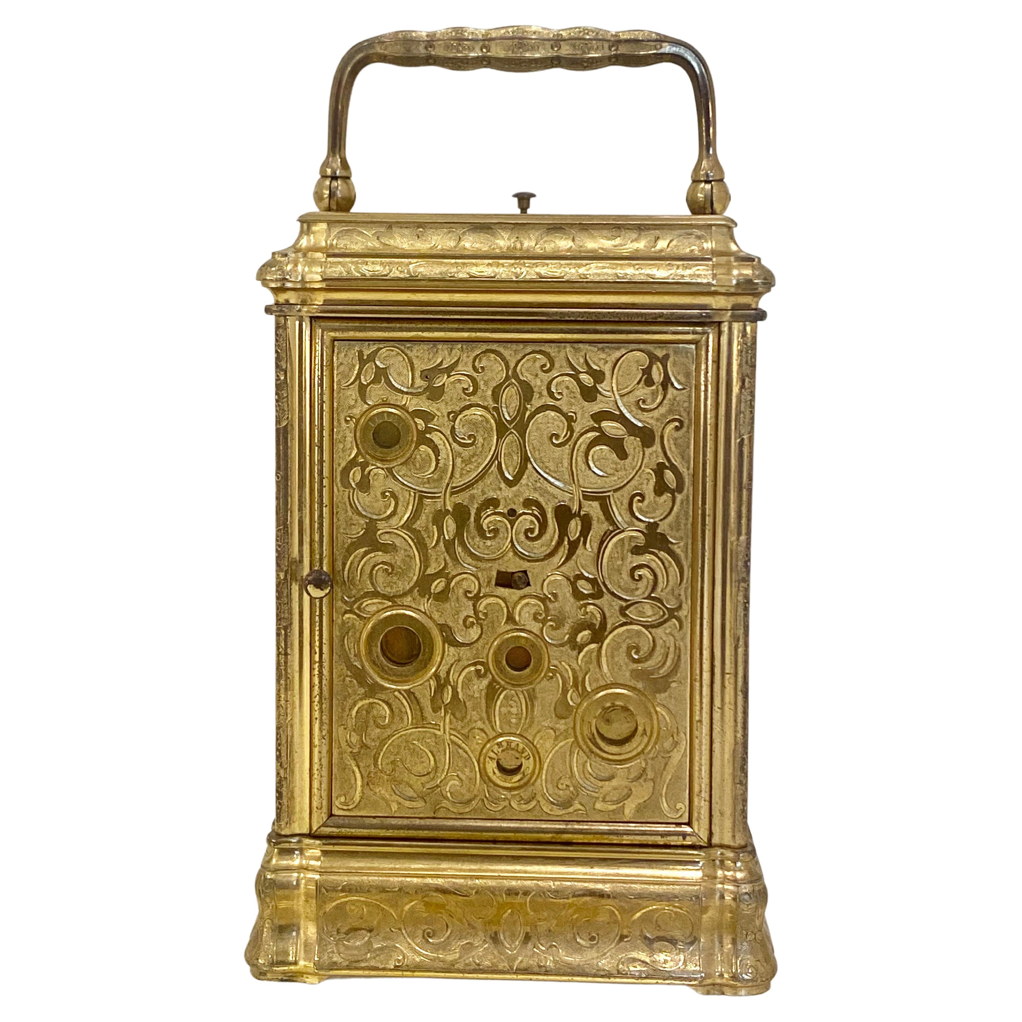 Swiss Profusely Engraved to All Sides Gilt Bronze Carriage Clock, circa 1860 For Sale