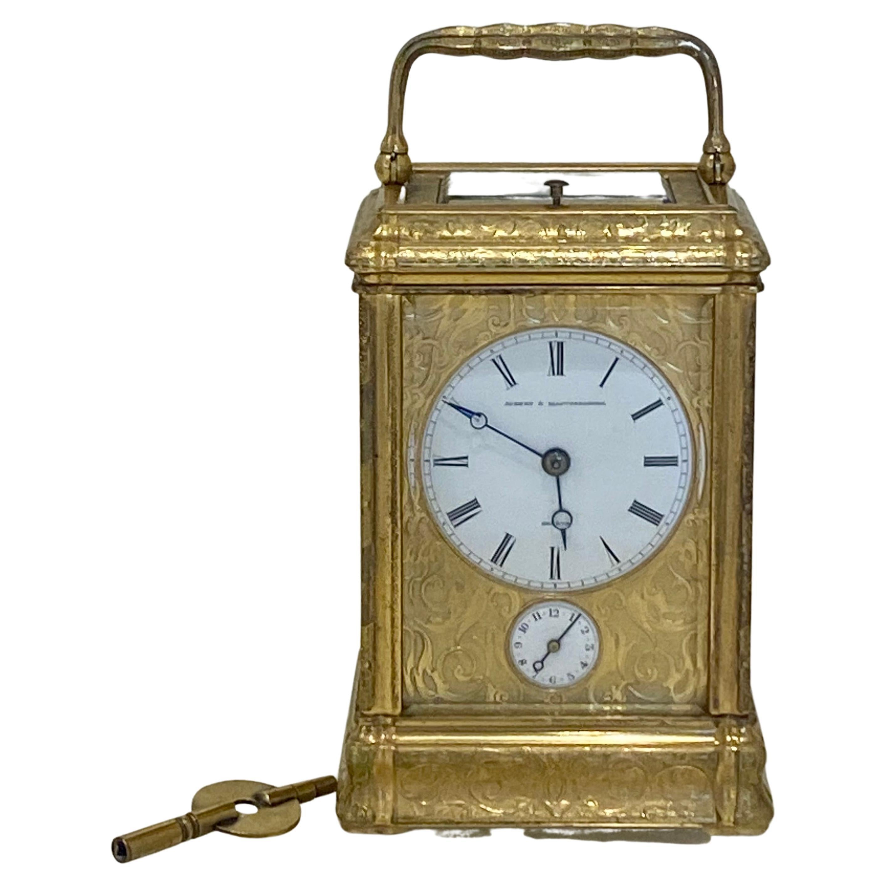 19th Century Profusely Engraved to All Sides Gilt Bronze Carriage Clock, circa 1860 For Sale