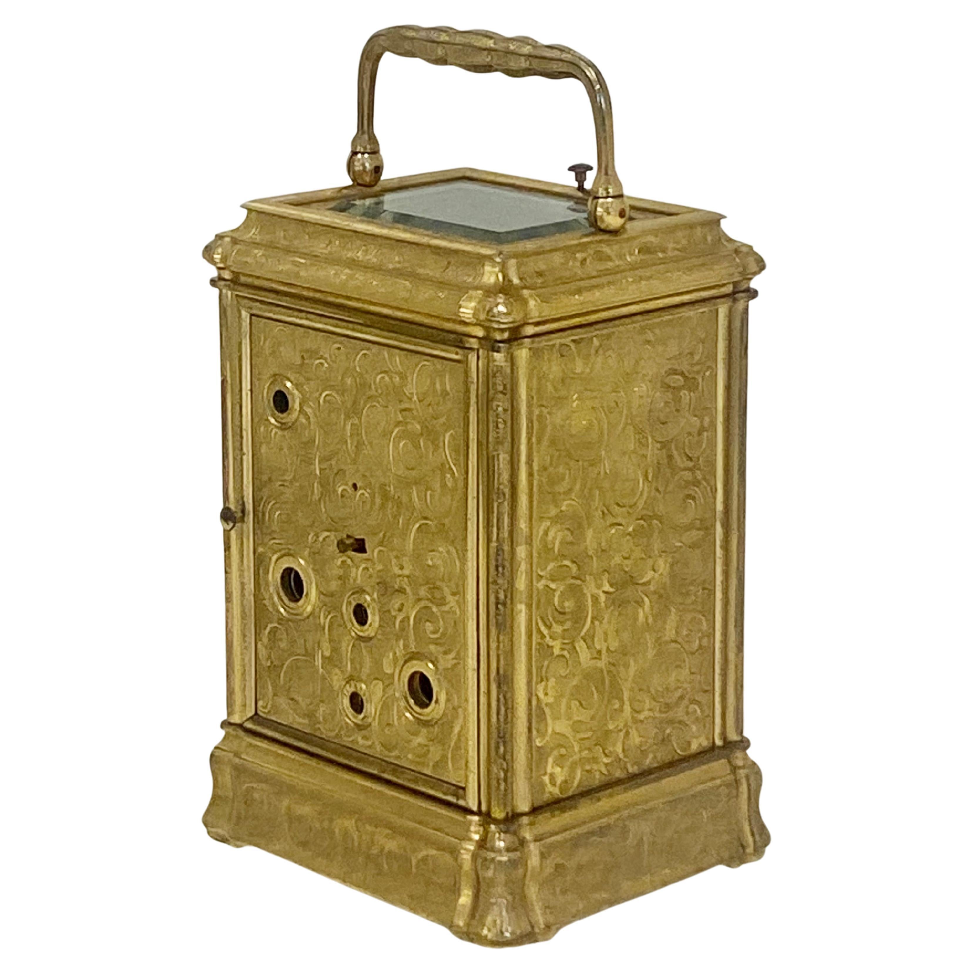 Profusely Engraved to All Sides Gilt Bronze Carriage Clock, circa 1860 For Sale 1
