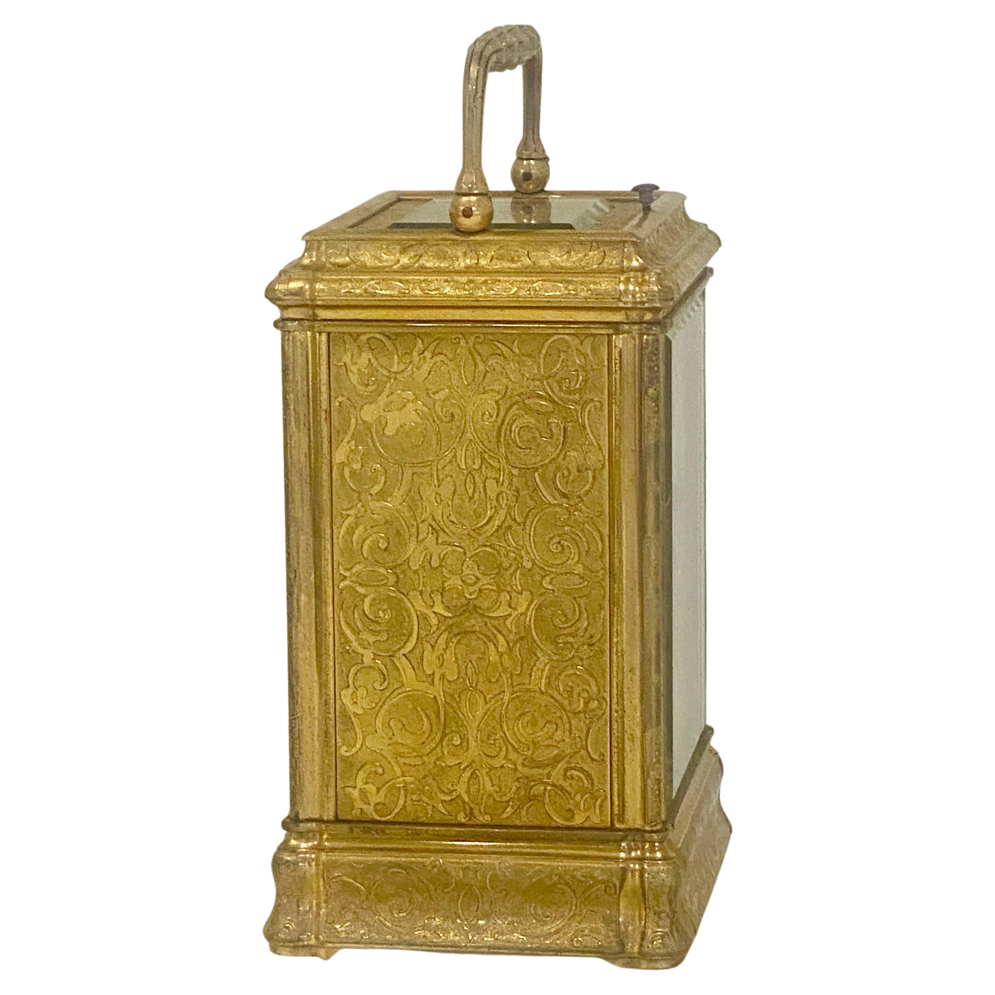 Profusely Engraved to All Sides Gilt Bronze Carriage Clock, circa 1860 For Sale 4