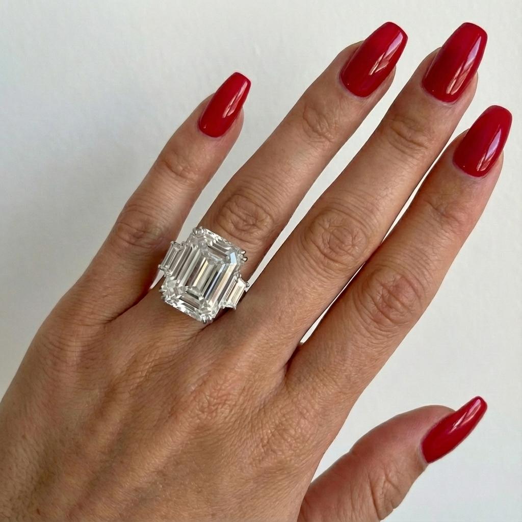 Contemporary A Promise in Platinum: 9.13ct G/VS1 Emerald Cut Embraced by Trapezoids For Sale