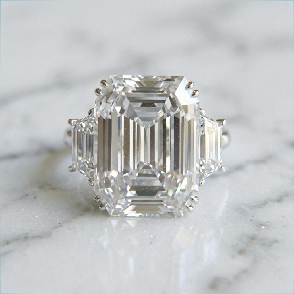A Promise in Platinum: 9.13ct G/VS1 Emerald Cut Embraced by Trapezoids In New Condition For Sale In Chicago, IL