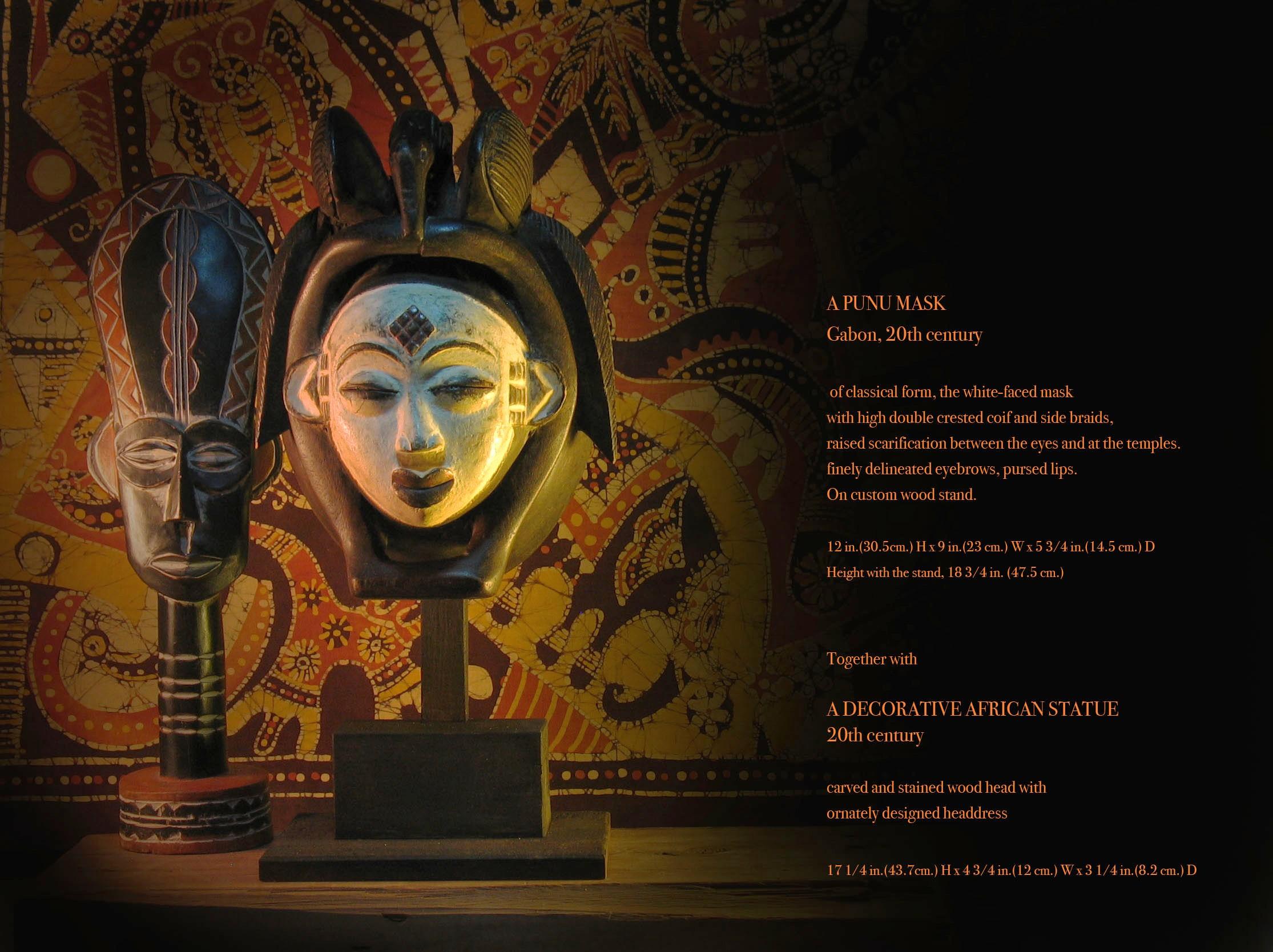 Punu Mask Gabon 20th Century with Decorative African Statue 20th Century 5