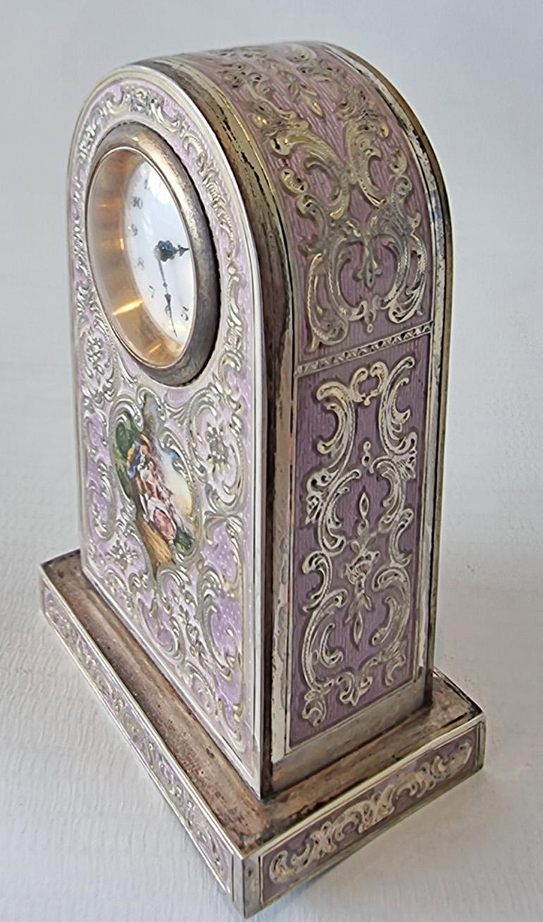 Gilt A Purple Guilloche Enamel Clock with decorative inlay and hand painted picture  For Sale