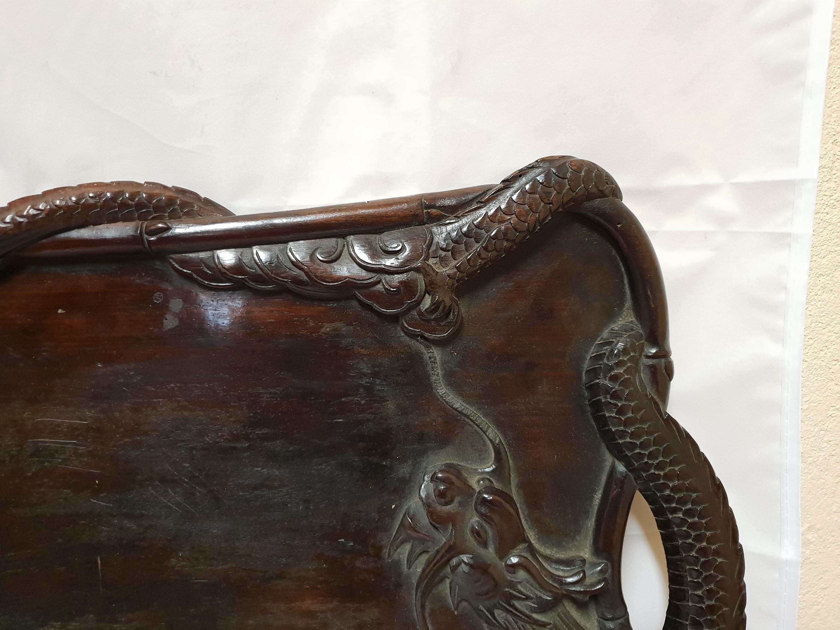 Qing Dynasty Chinese Hardwood Tray with Dragons, 1900s 2