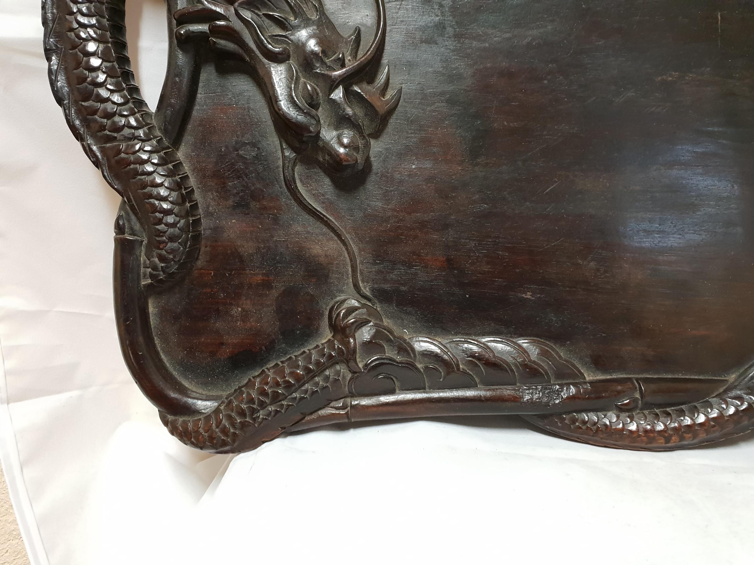 Qing Dynasty Chinese Hardwood Tray with Dragons, 1900s 2