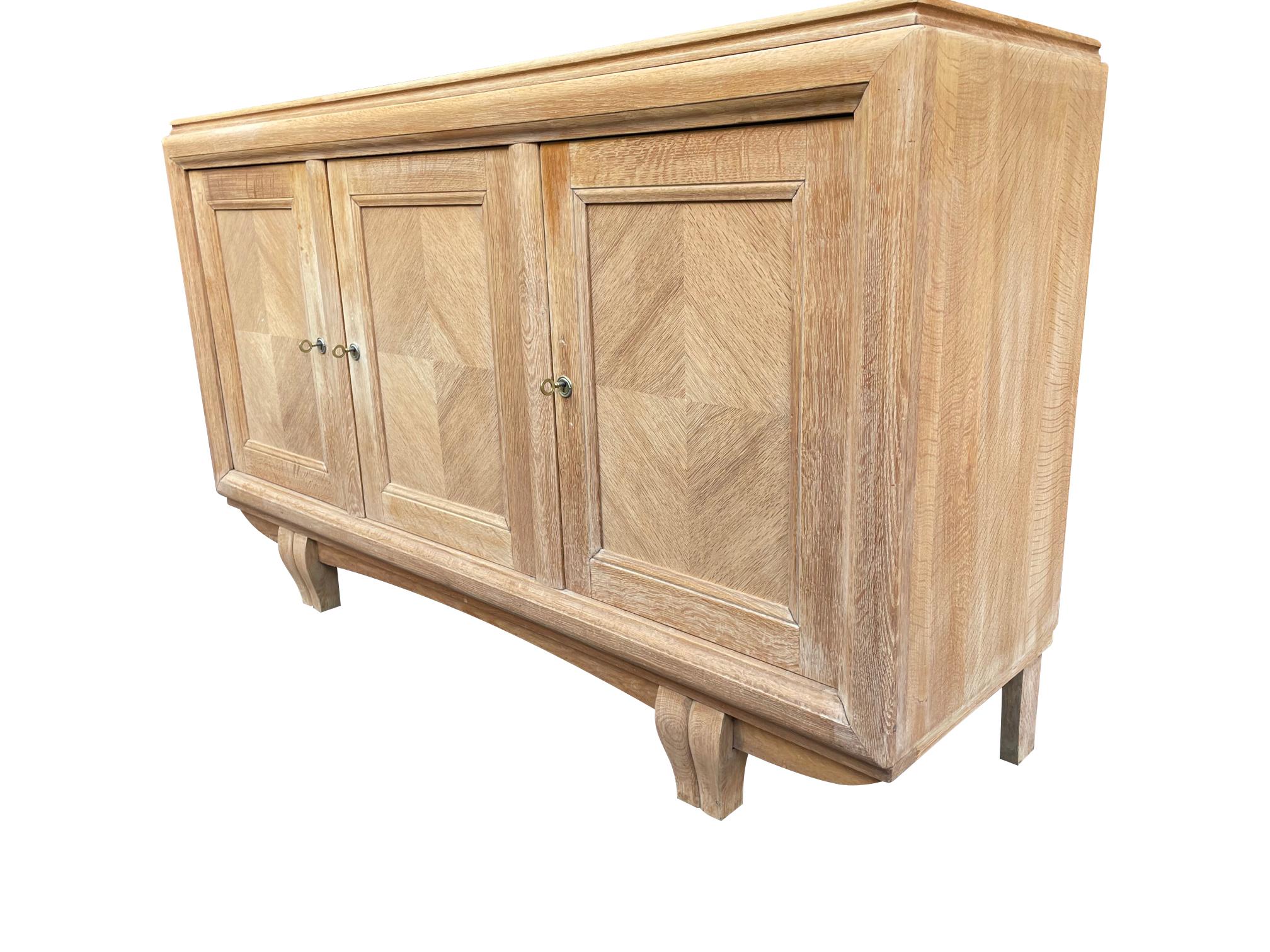 Bleached Quality 1940s Natural Oak Three Door Sideboard by Gaston Poisson
