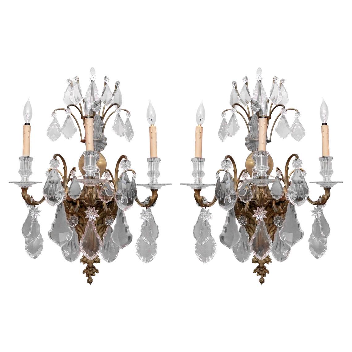 A Quality 30" Large Pair Of Bronze And Hand Cut Crystal Wall Sconces For Sale