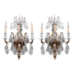 Antique A Quality 30" Large Pair Of Bronze And Hand Cut Crystal Wall Sconces