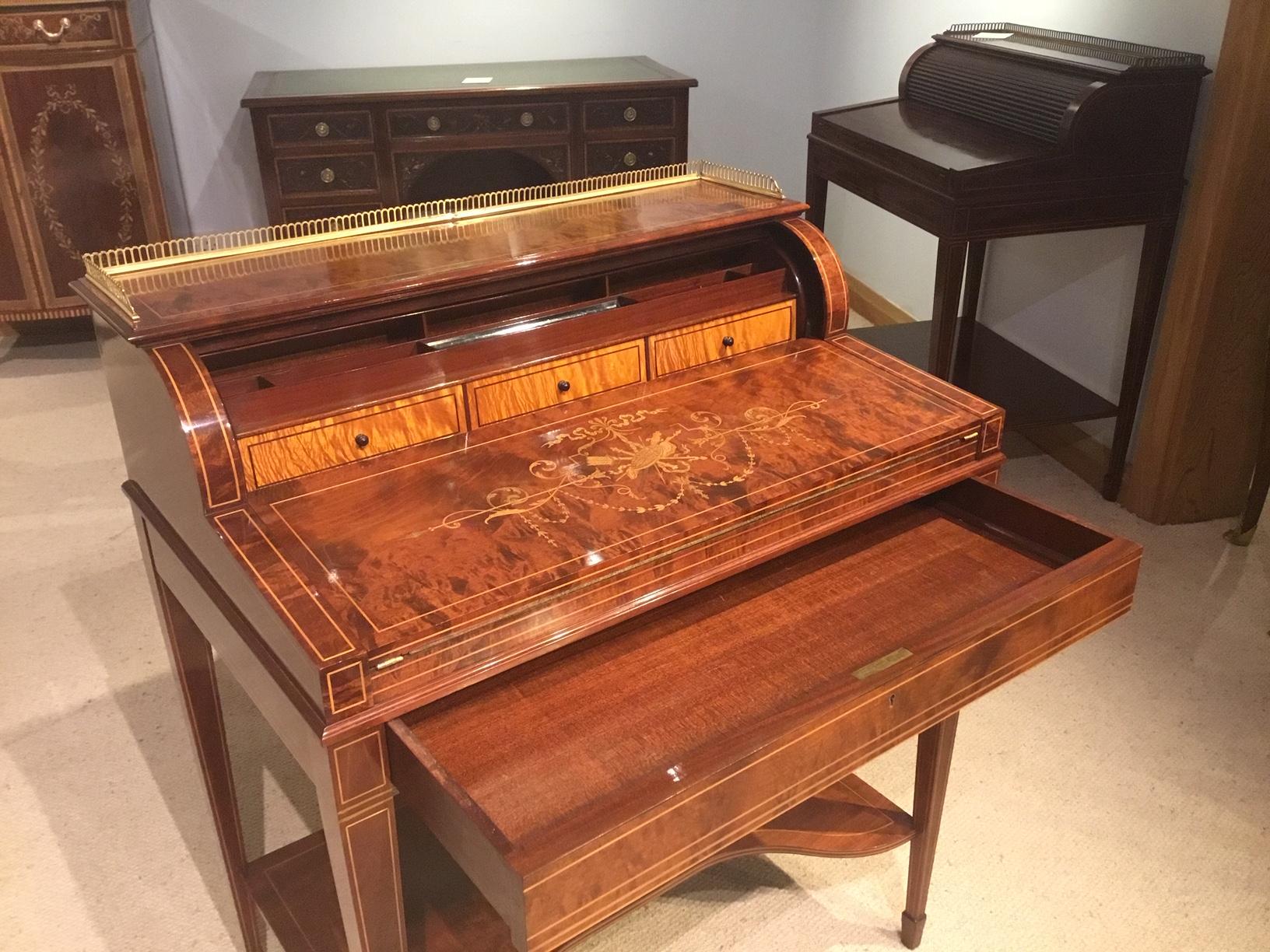 Quality Marquetry Inlaid Cylinder Bureau by Maple & Co 4