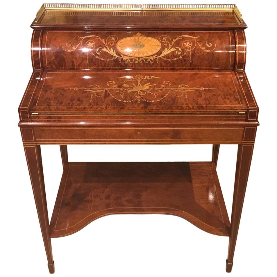 Quality Marquetry Inlaid Cylinder Bureau by Maple & Co