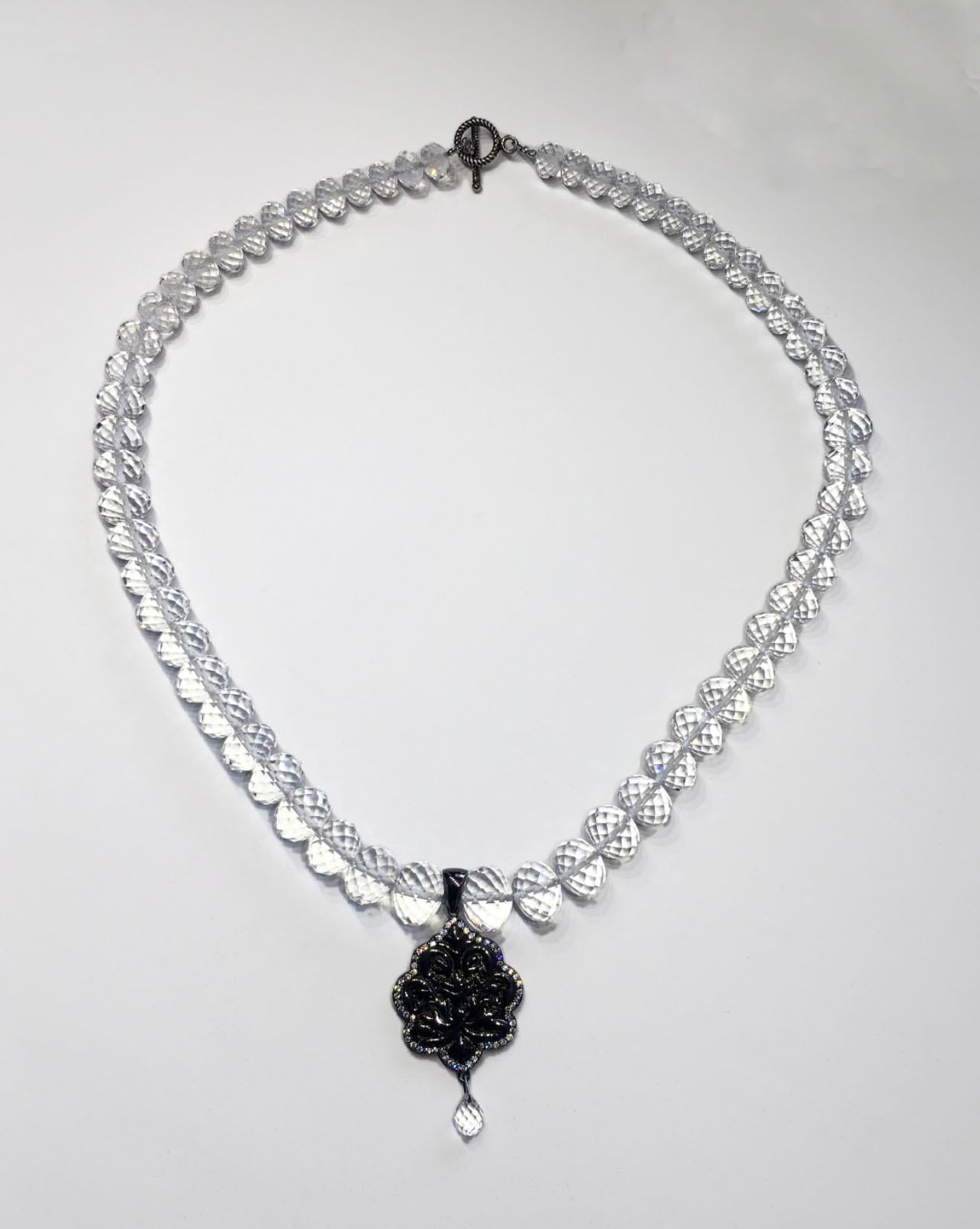 Women's Quartz Beaded Necklace with a Blackened Silver Pendant Set with Sapphires