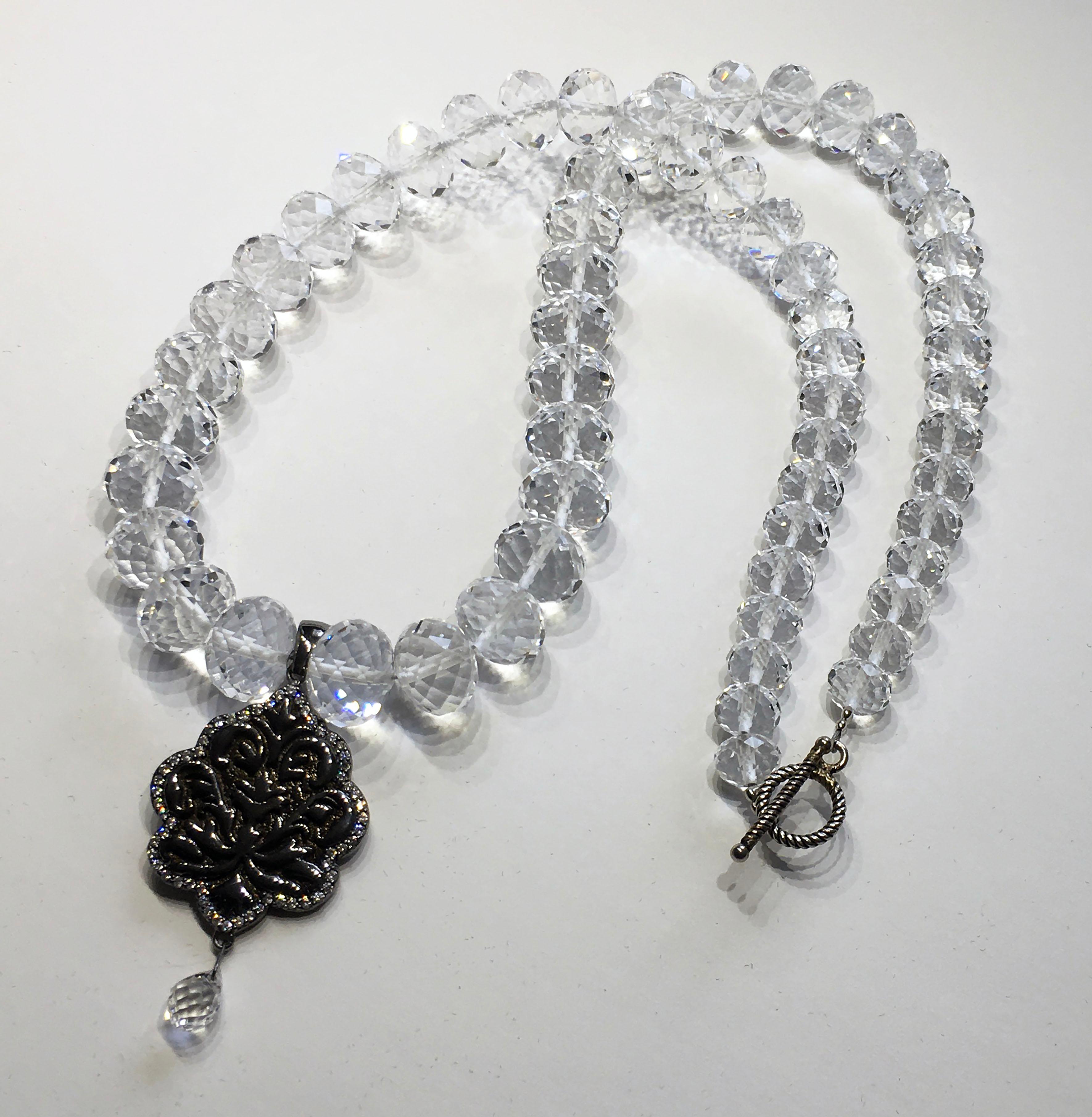 Quartz Beaded Necklace with a Blackened Silver Pendant Set with Sapphires 2