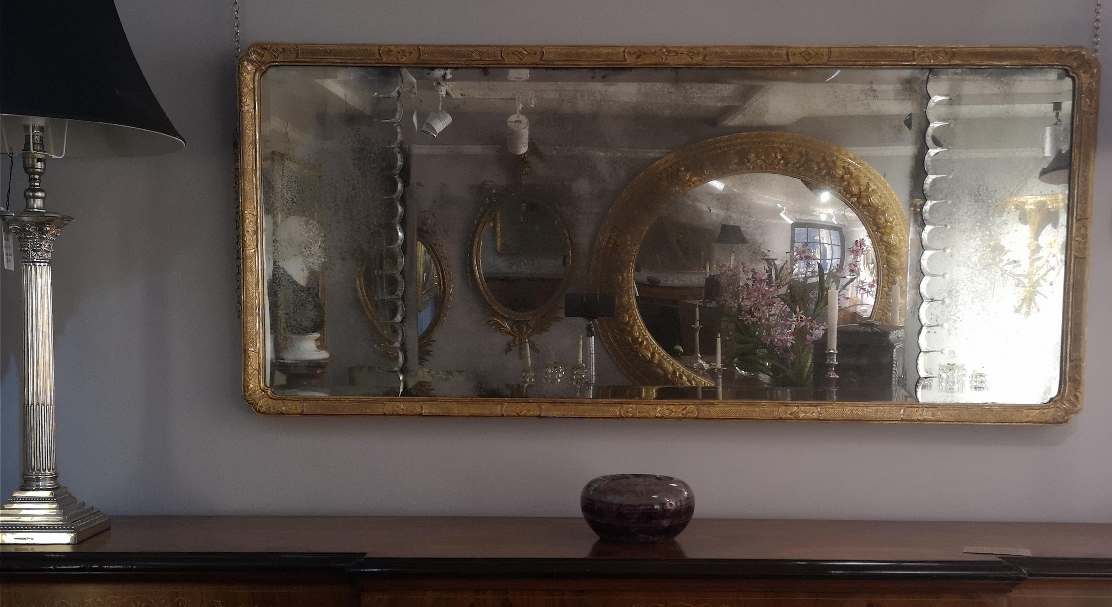 Gilt Queen Anne Triple Plate Gilded Wood and Gesso Overmantel Mirror For Sale