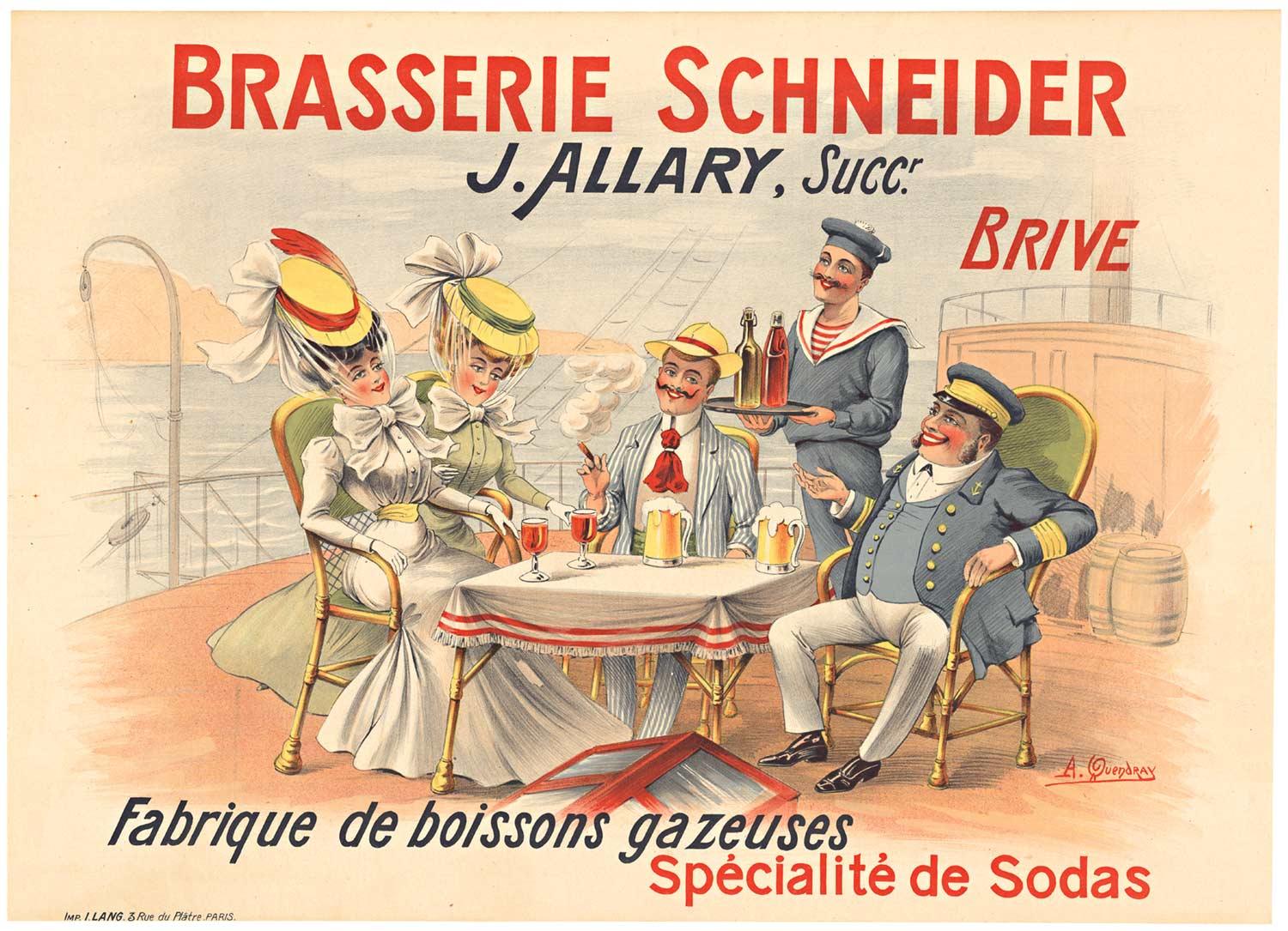 A. Quendray Landscape Print – Originales französisches Vintage-Poster „Brasserie Schneider“  Jugendstil