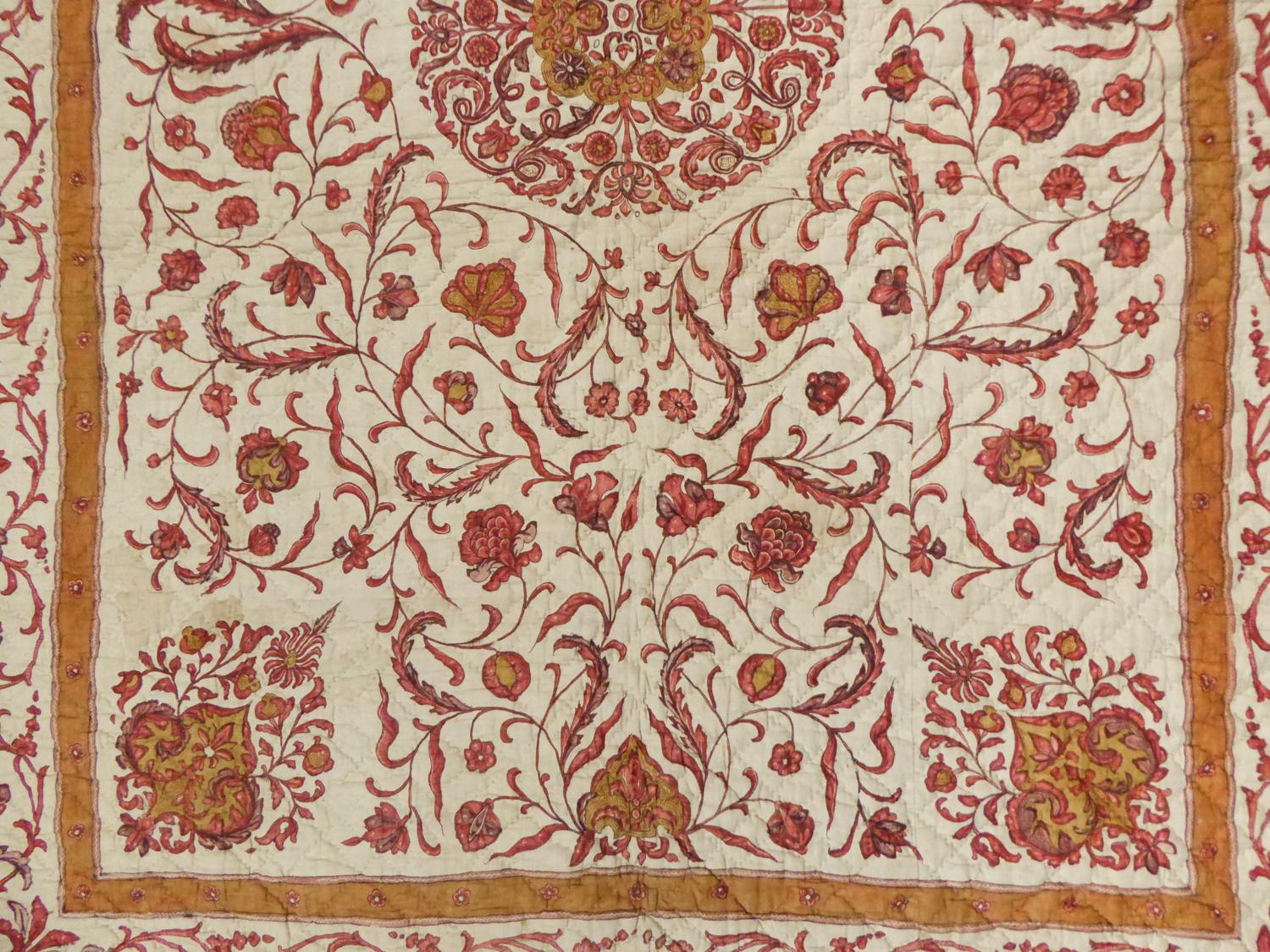Women's or Men's A Quilting Indian Chintz Palampore And Taffeta Bedcover Circa 1720/1750  For Sale