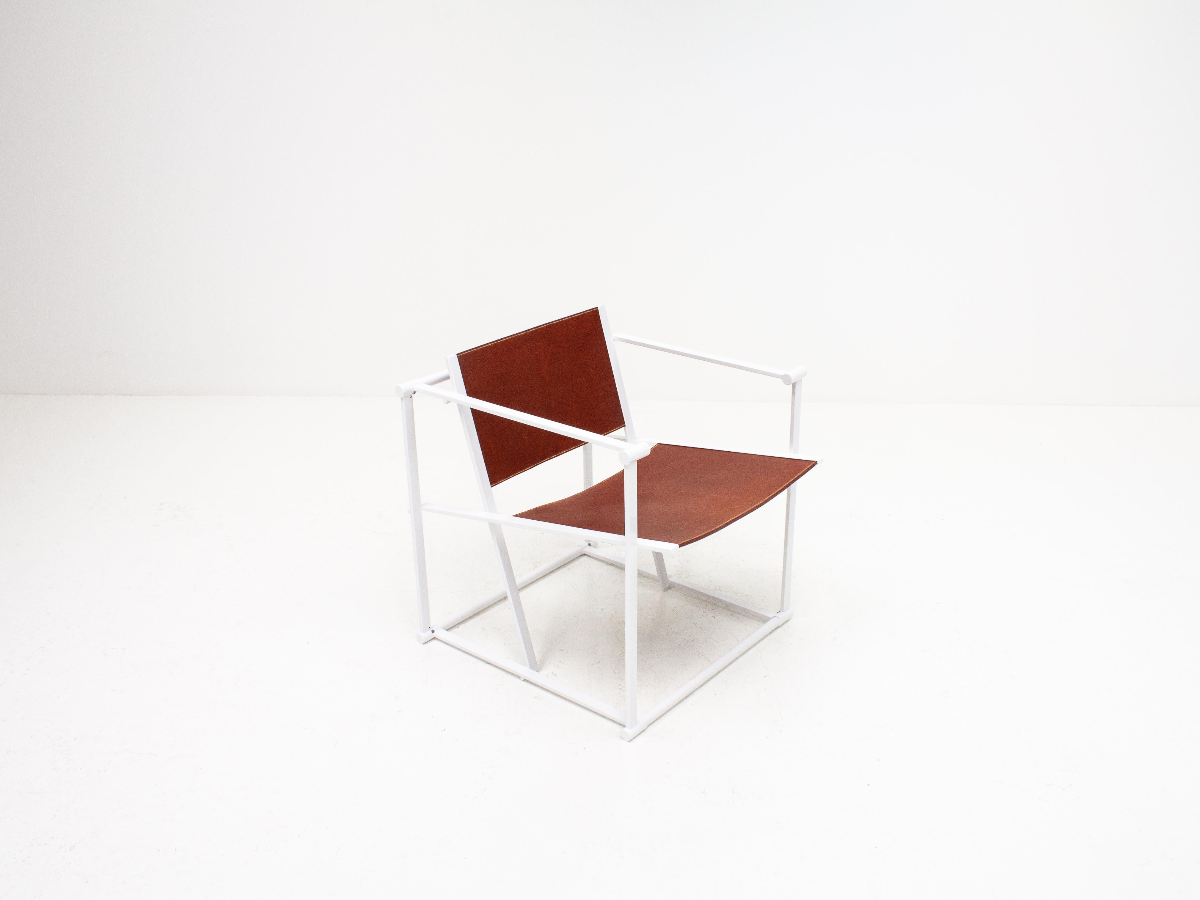 A steel and leather FM62 chair by Radboud Van Beekum for Pastoe, 1980s.

Constructed from geometrically folded steel with leather seating. Inspired by the designs of Gerrit Rietveld and following the traditions of the De Stijl movement the cube