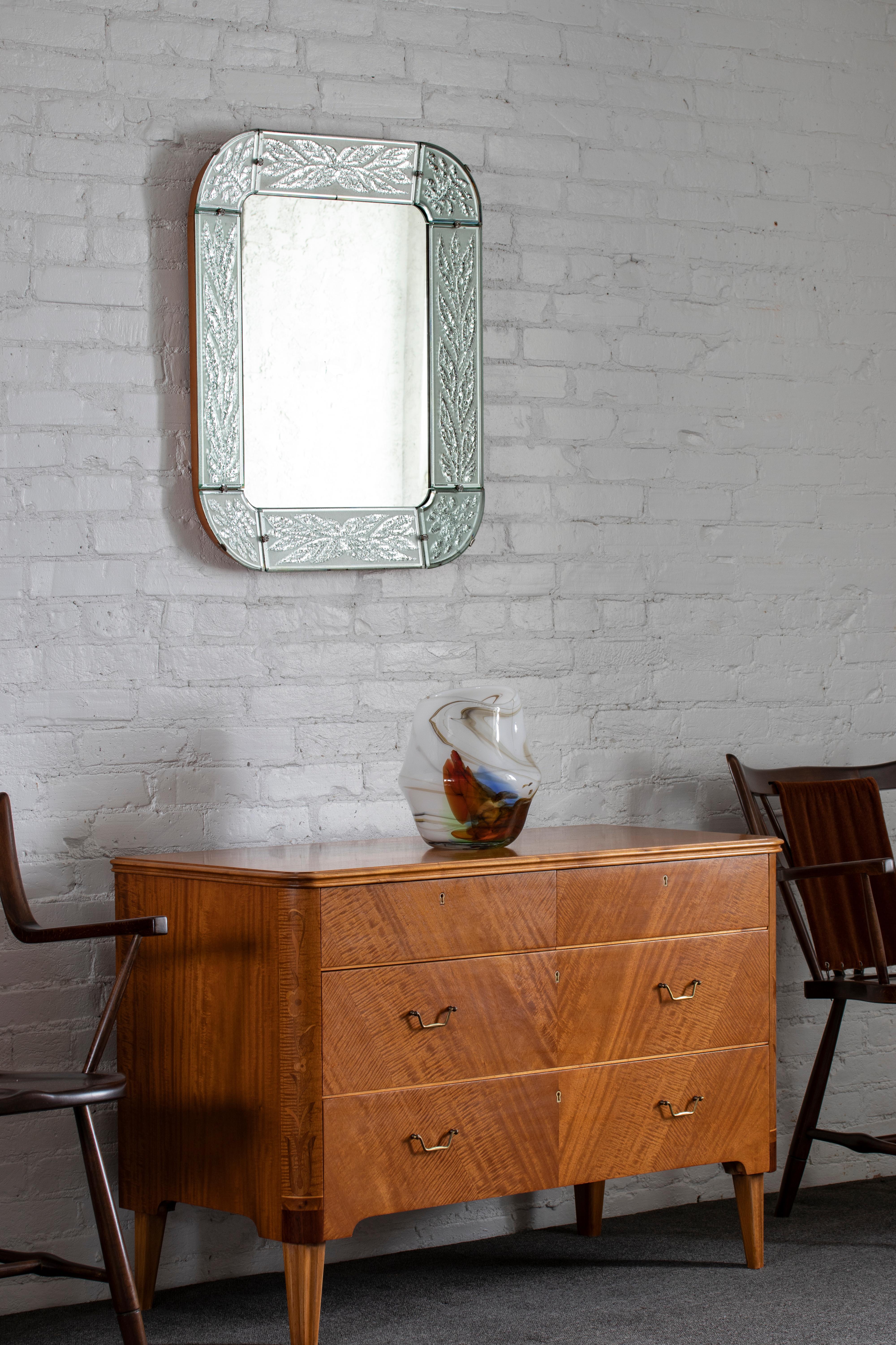 Radiant Mid-20th Century Swedish Chiseled and Frosted Glass-Framed Mirror In Good Condition In Philadelphia, PA
