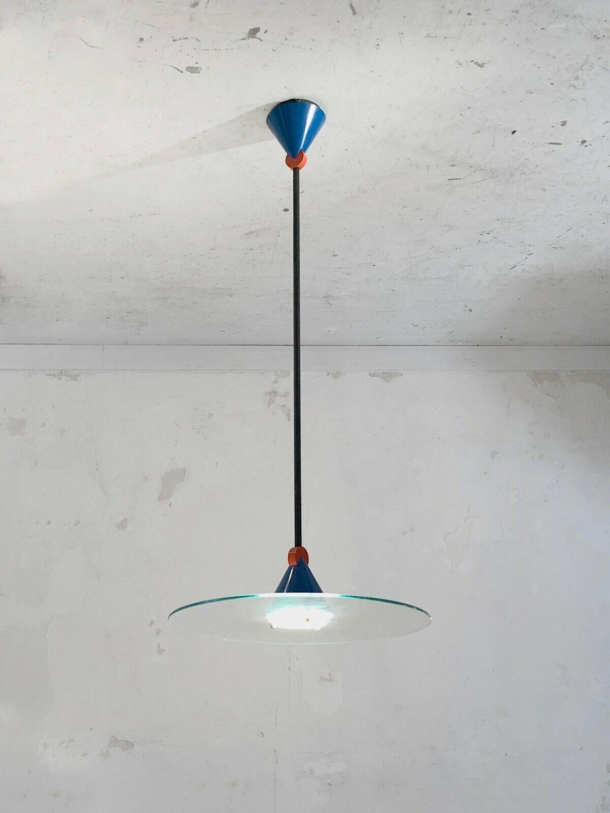 A very large, elegant and minimal suspension, chandelier, Post-Modernist, Bauhaus, Constructivist, Memphis, main axis in slightly granite matte black lacquered tubular metal, interlocking geometric structures in red and blue lacquered metal, halogen