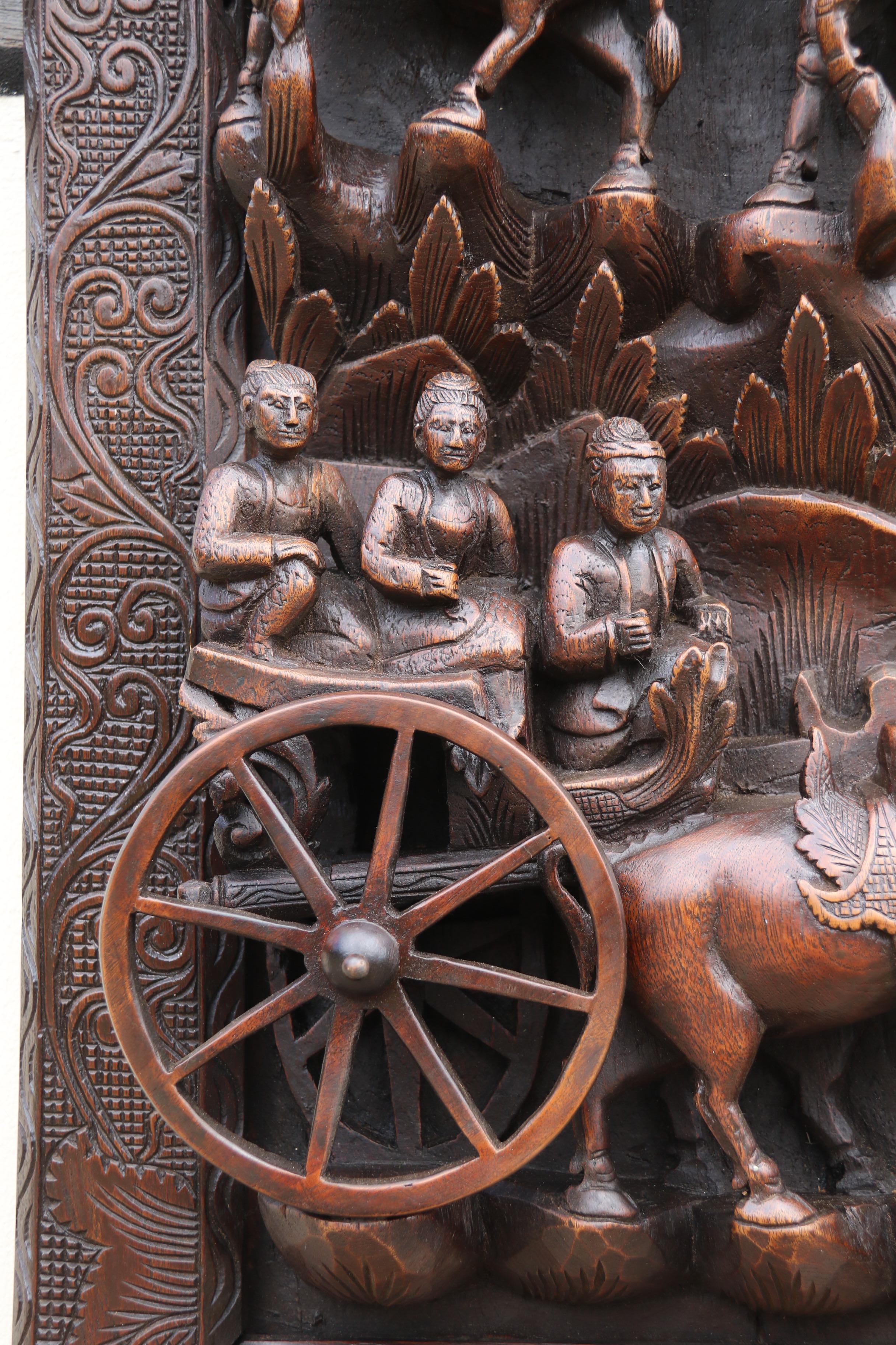 A Raj period Indian carved and framed deep relief hardwood wall panel circa 1880 For Sale 1