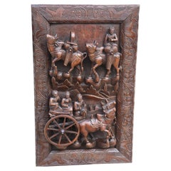 Antique A Raj period Indian carved and framed deep relief hardwood wall panel circa 1880